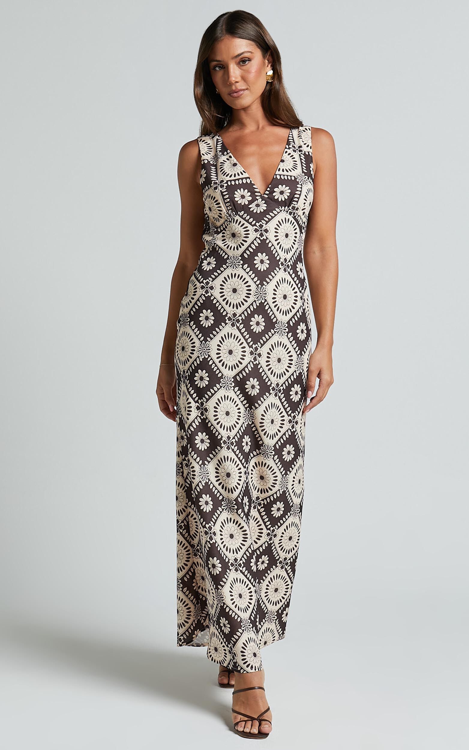 Ryhana Midi Dress - Deep V Nick Sleeveless Slip Dress in Brown & Cream Geo