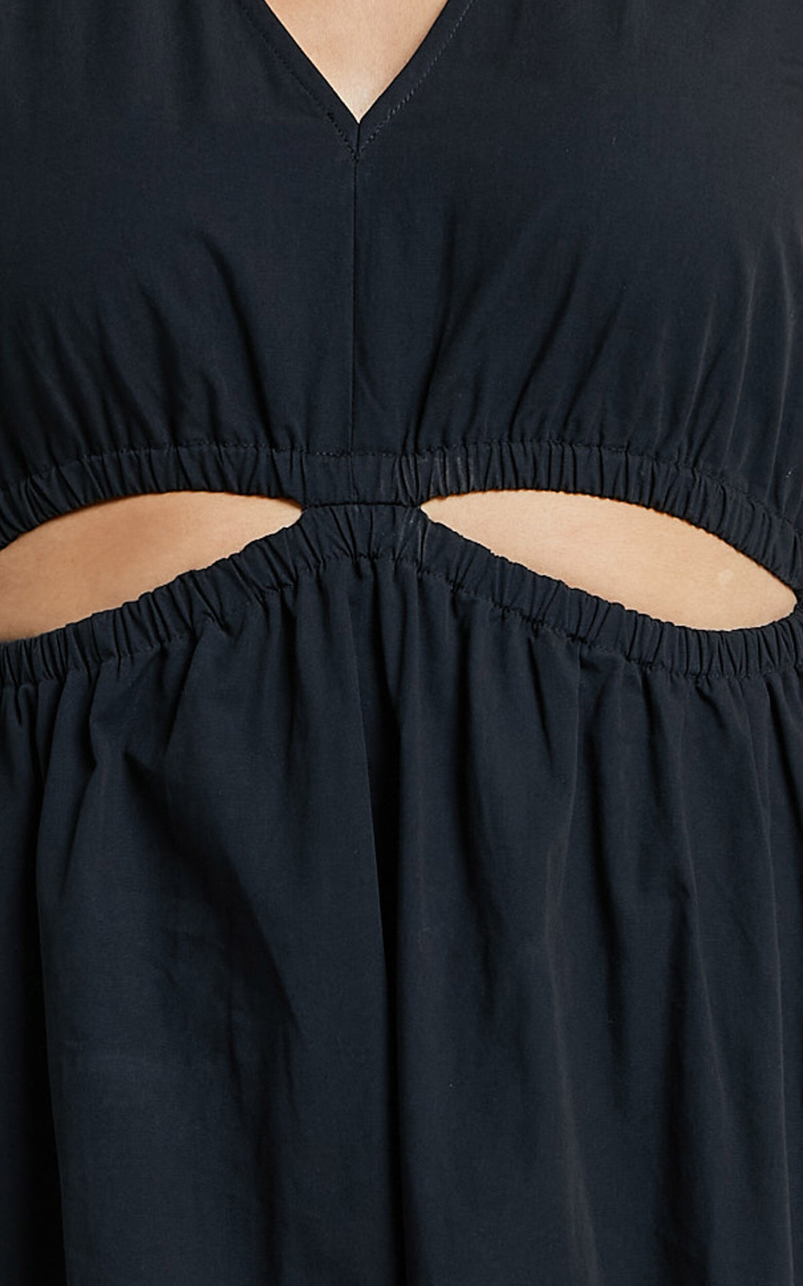 Celiana Midi Dress - Plunge Elastic Waist Cut Out Sleeveless A Line Dress in Black