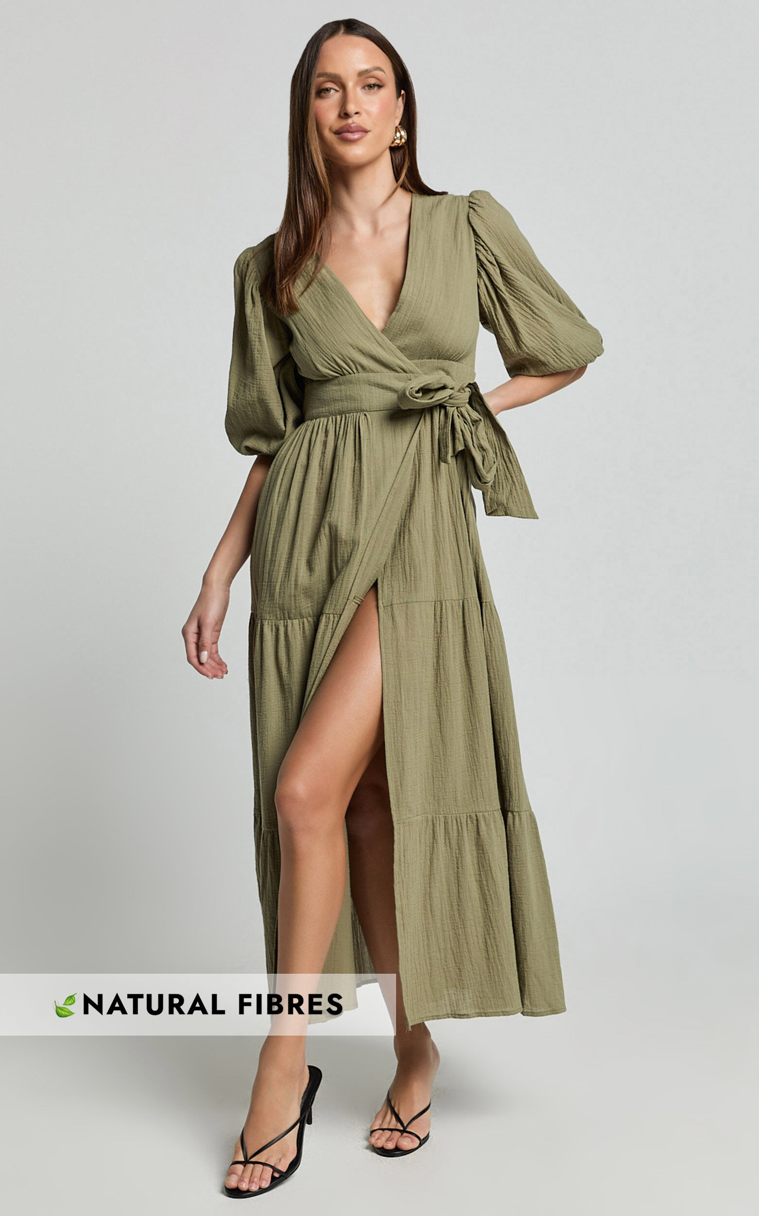 Penelope Wrap Front Puff Sleeve Midi Dress in Olive
