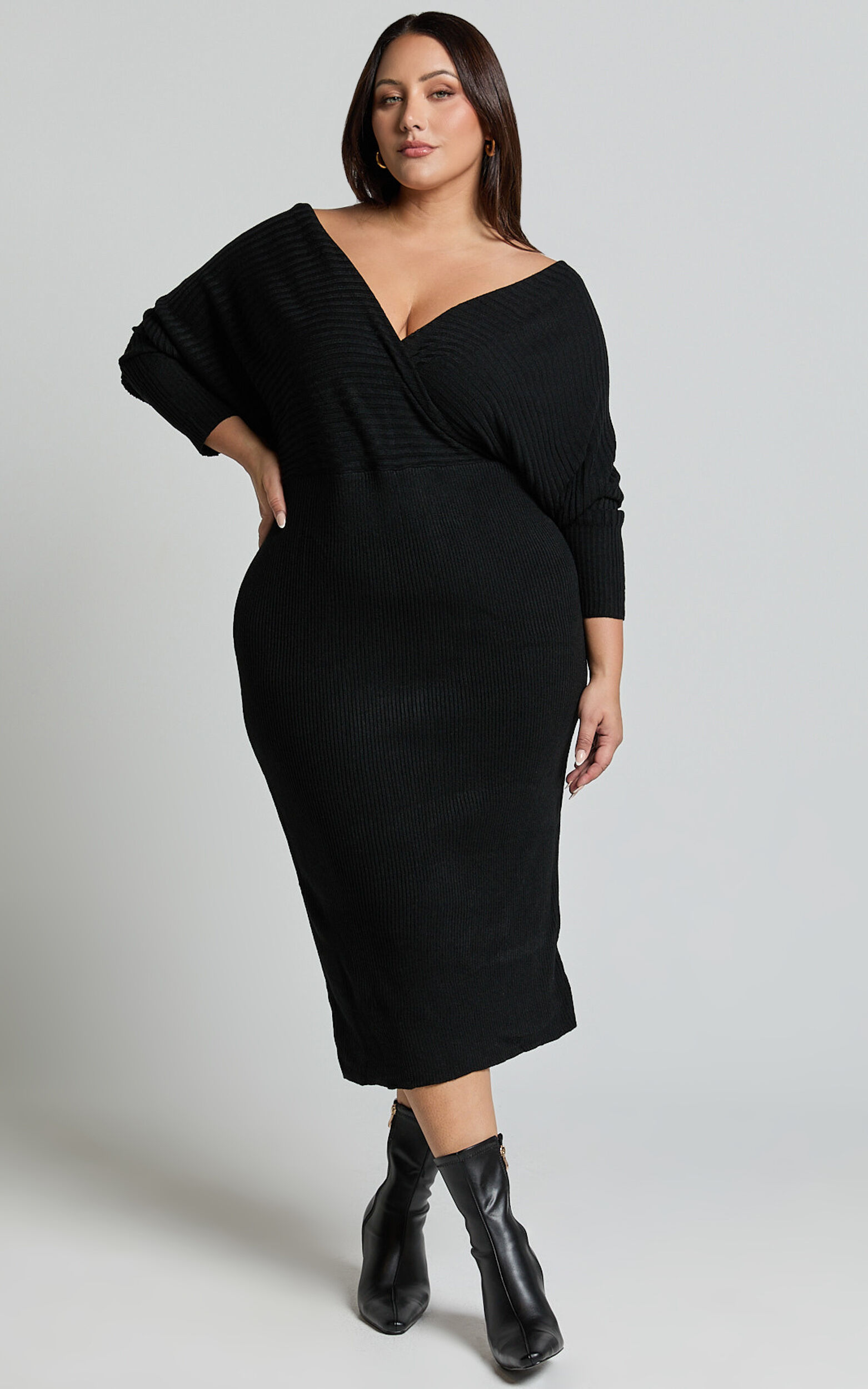 Sheika Midi Dress - Long Sleeve Off Shoulder Knit Dress in Black