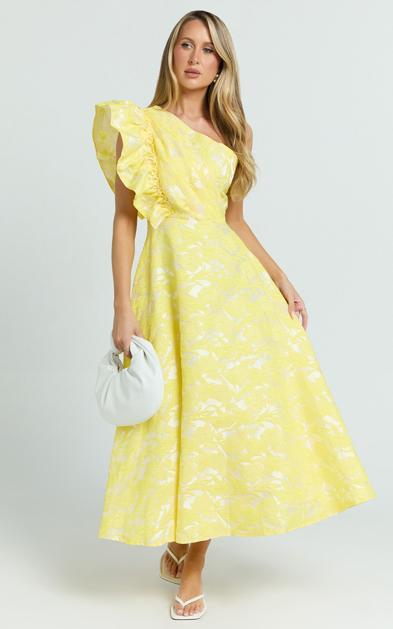 Alfreda Midi Dress - One Shoulder Ruffle Detail Brailey Jacquard Dress in Yellow Jacquard