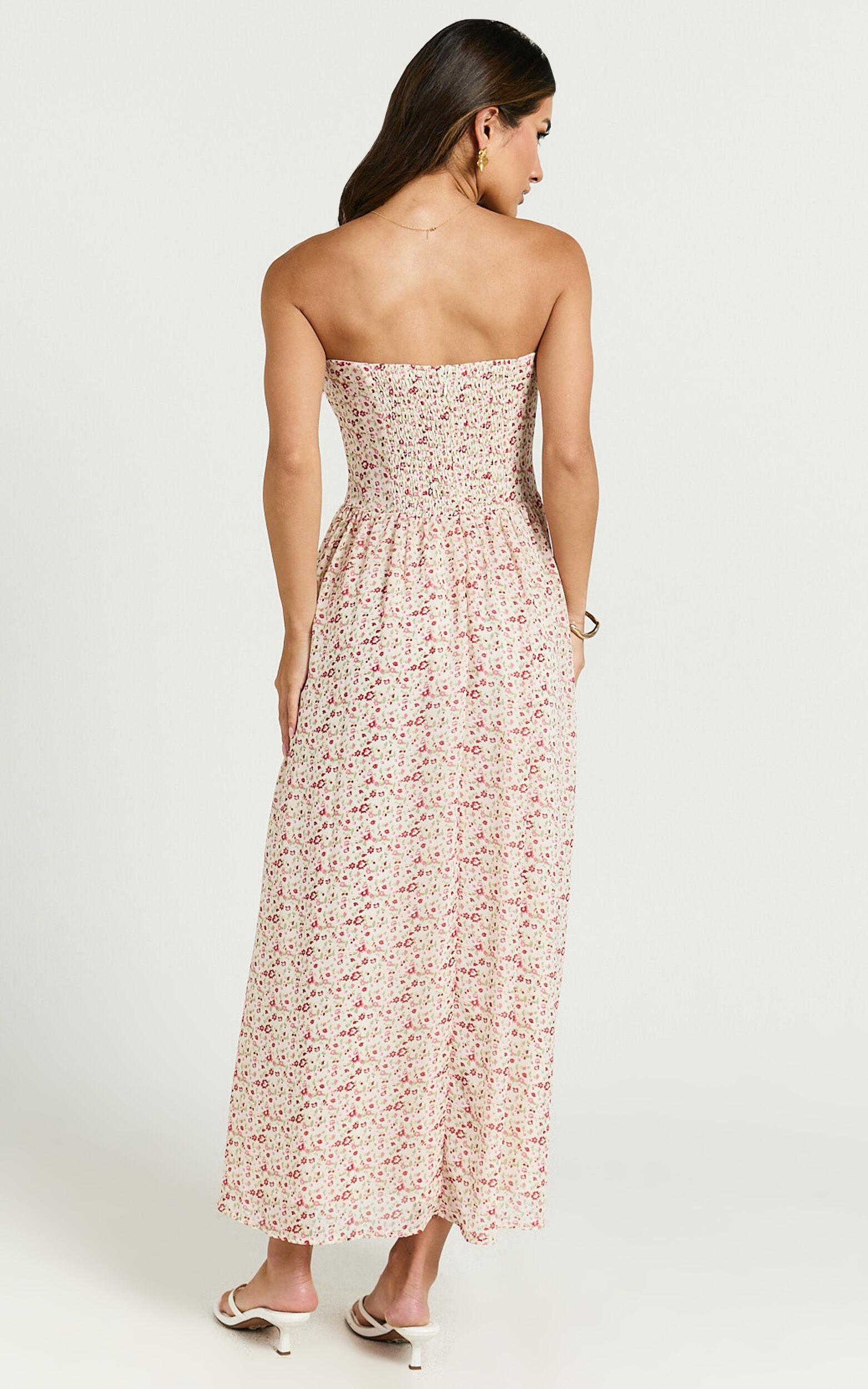 Amie Midi Dress - Strapless Full Skirt Midi Dress in Rosy Floral