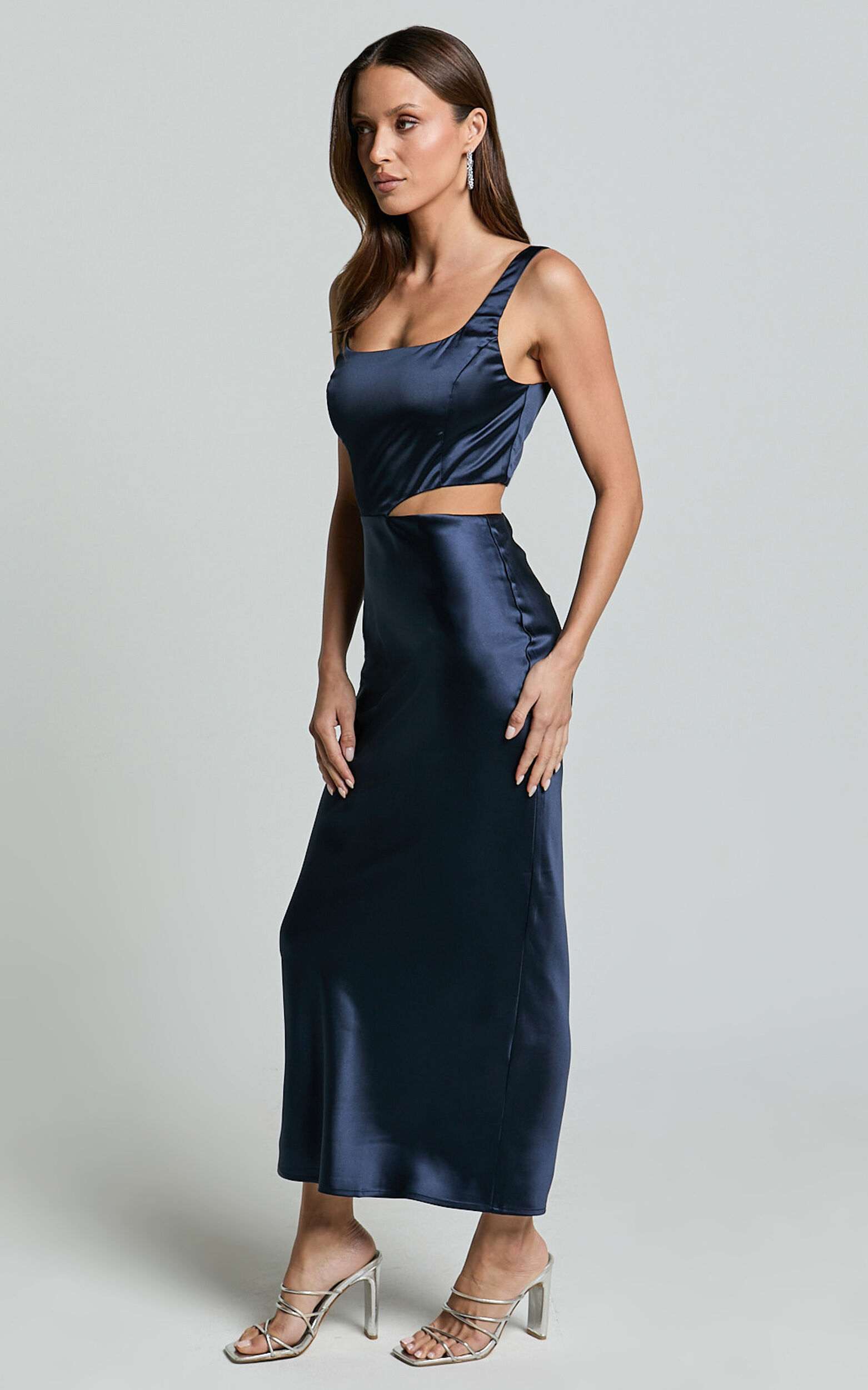 Aleena Midi Dress - Square Neck Side Cut Out Satin Dress in Midnight Blue