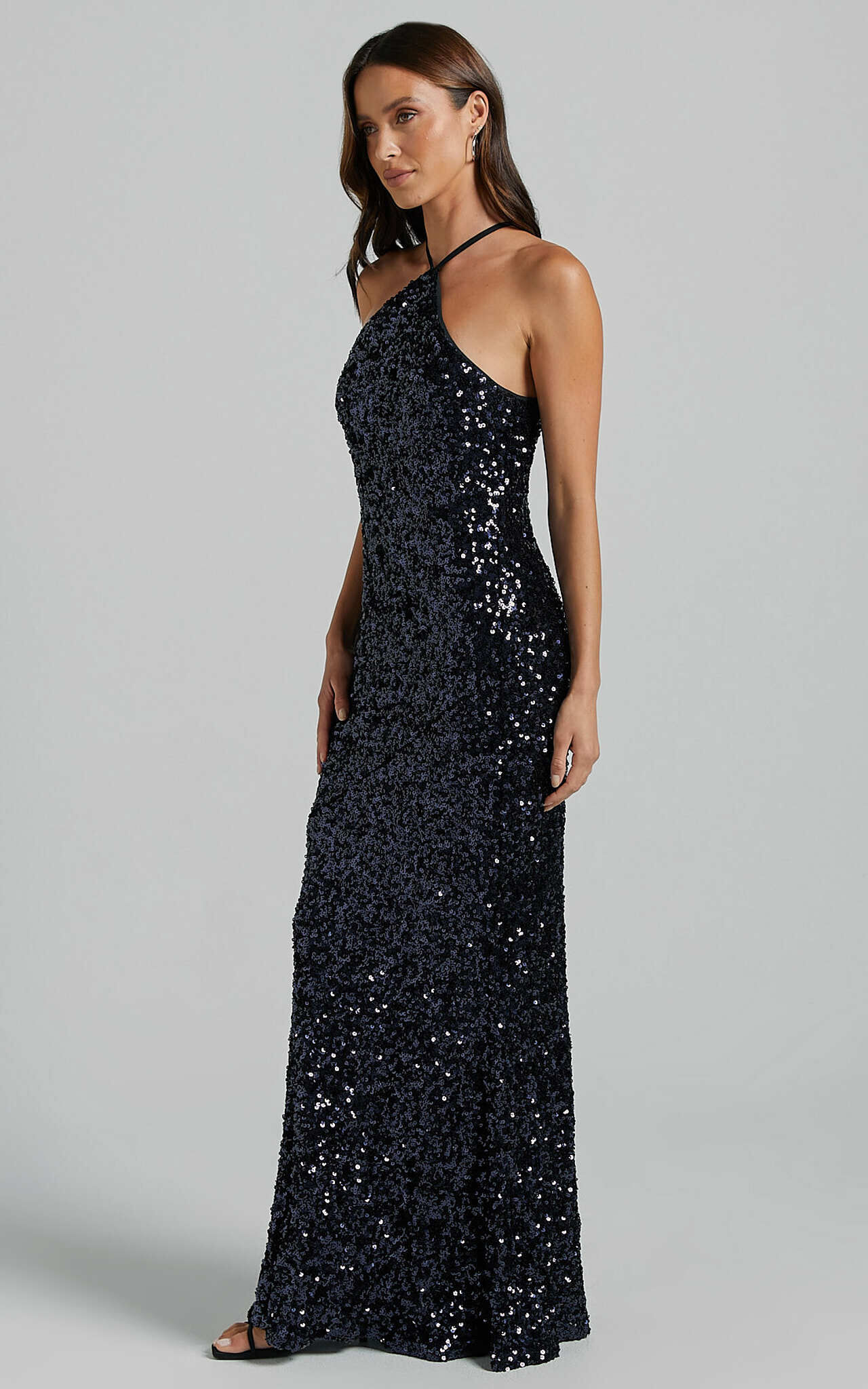 Aurora Maxi Dress - Halter Neck Bodycon Sequin in Navy