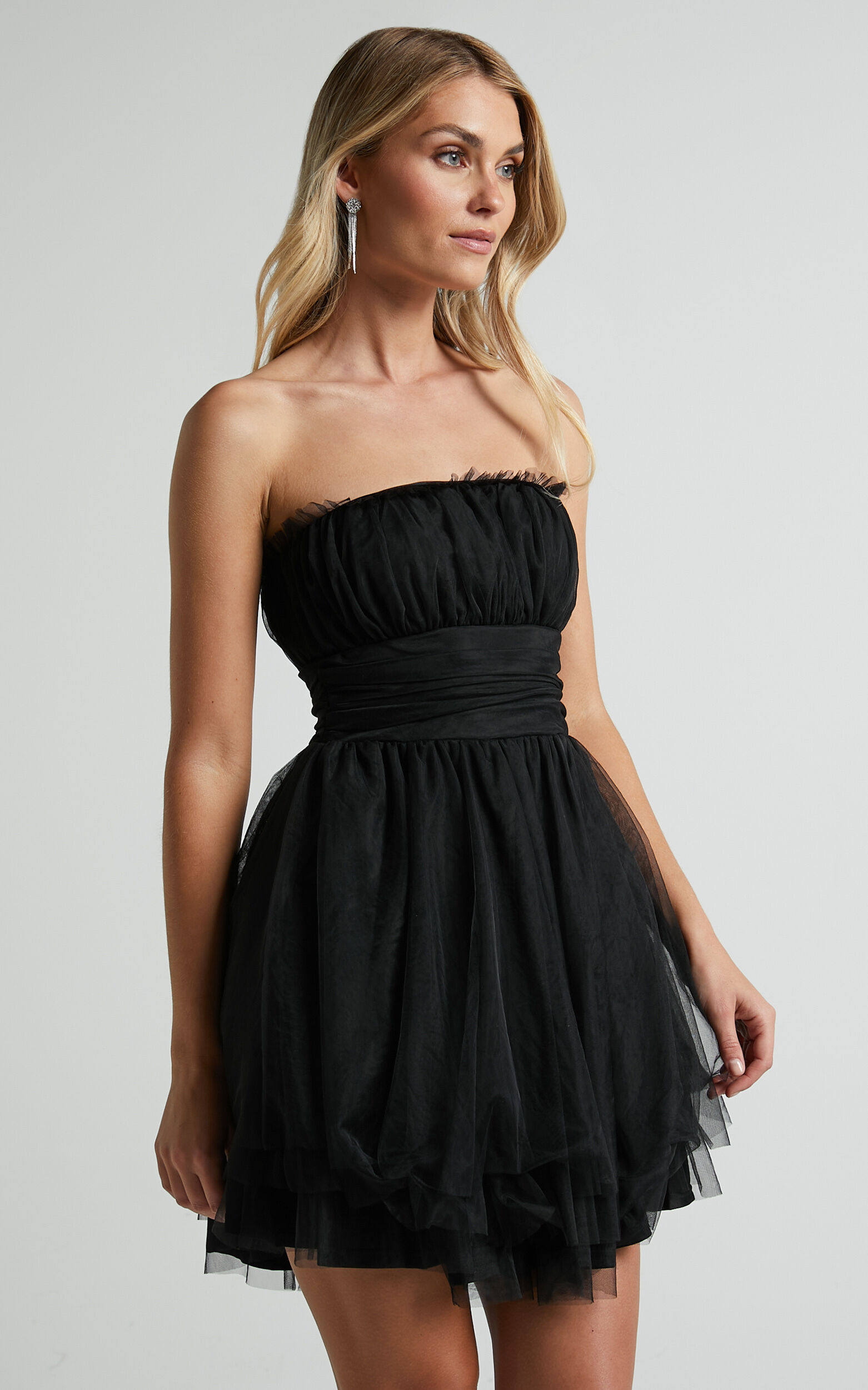 Brooke Mini Dress - Tulle Frill Detail Mini Dress in Black
