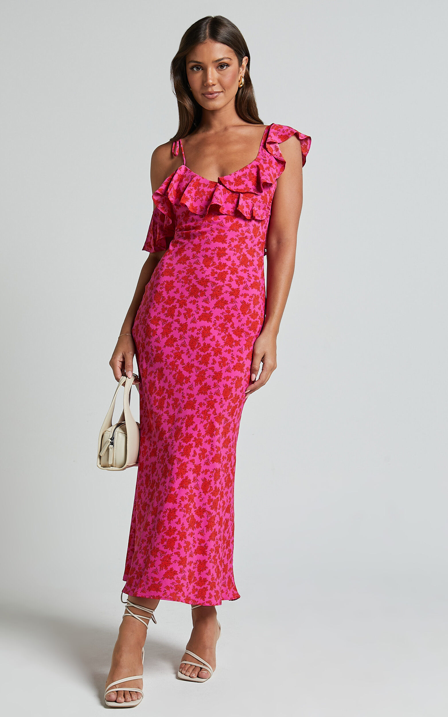 Giulia Midi Dress - One Shoulder Frill Detail Dress in Pink Floral