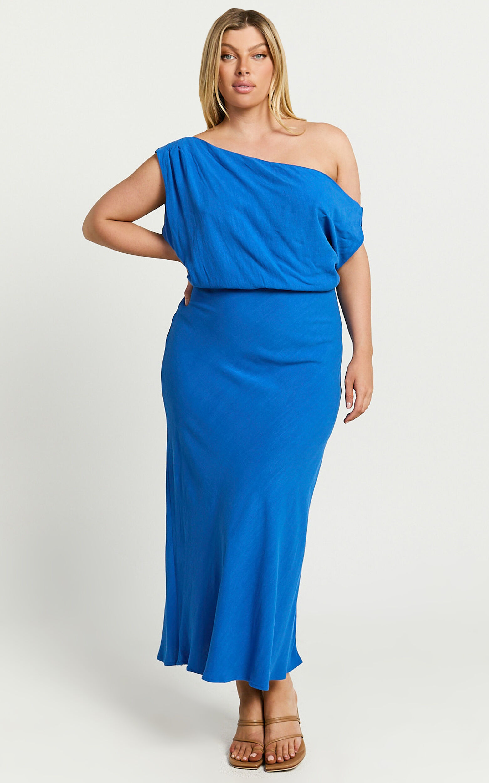 Jacqueline Midi Dress - Linen One Shoulder Dress in Cobalt