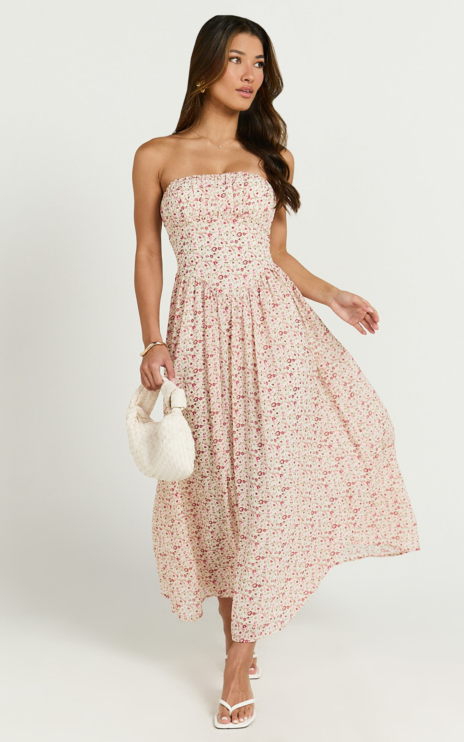 Amie Midi Dress - Strapless Full Skirt Midi Dress in Rosy Floral