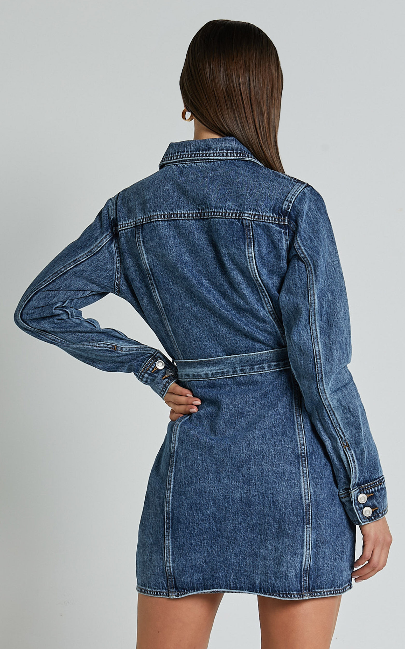 Enriquetta Mini Dress - Cotton Denim Long Sleeve Button Up Dress in Blue