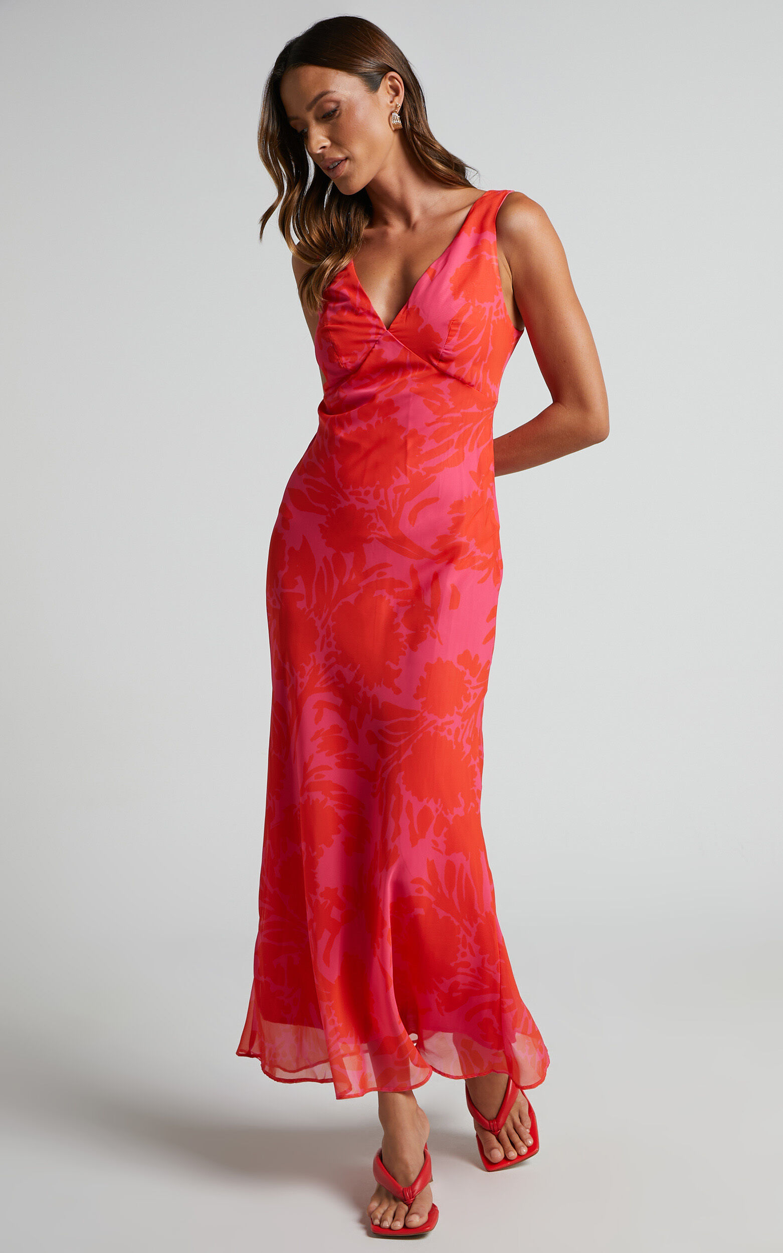 Jodie Midi Dress - V Neck Slip Dress in Pink Floral