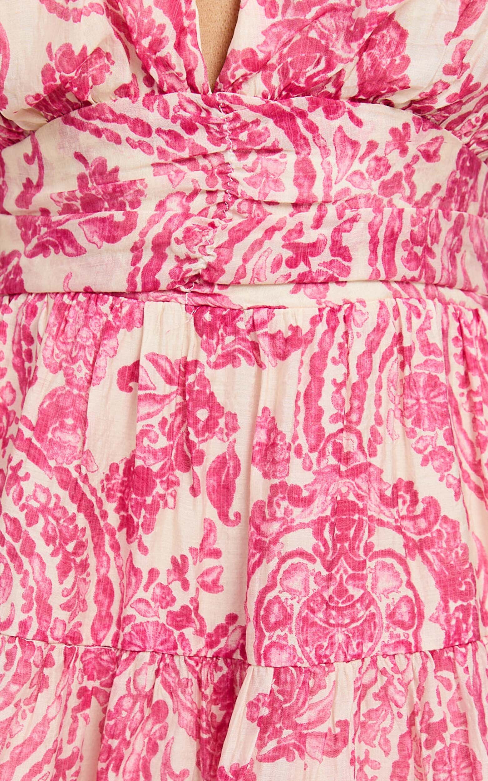 Adea Mini Dress - Plunge Puff Sleeve Tiered Dress in Pink Floral