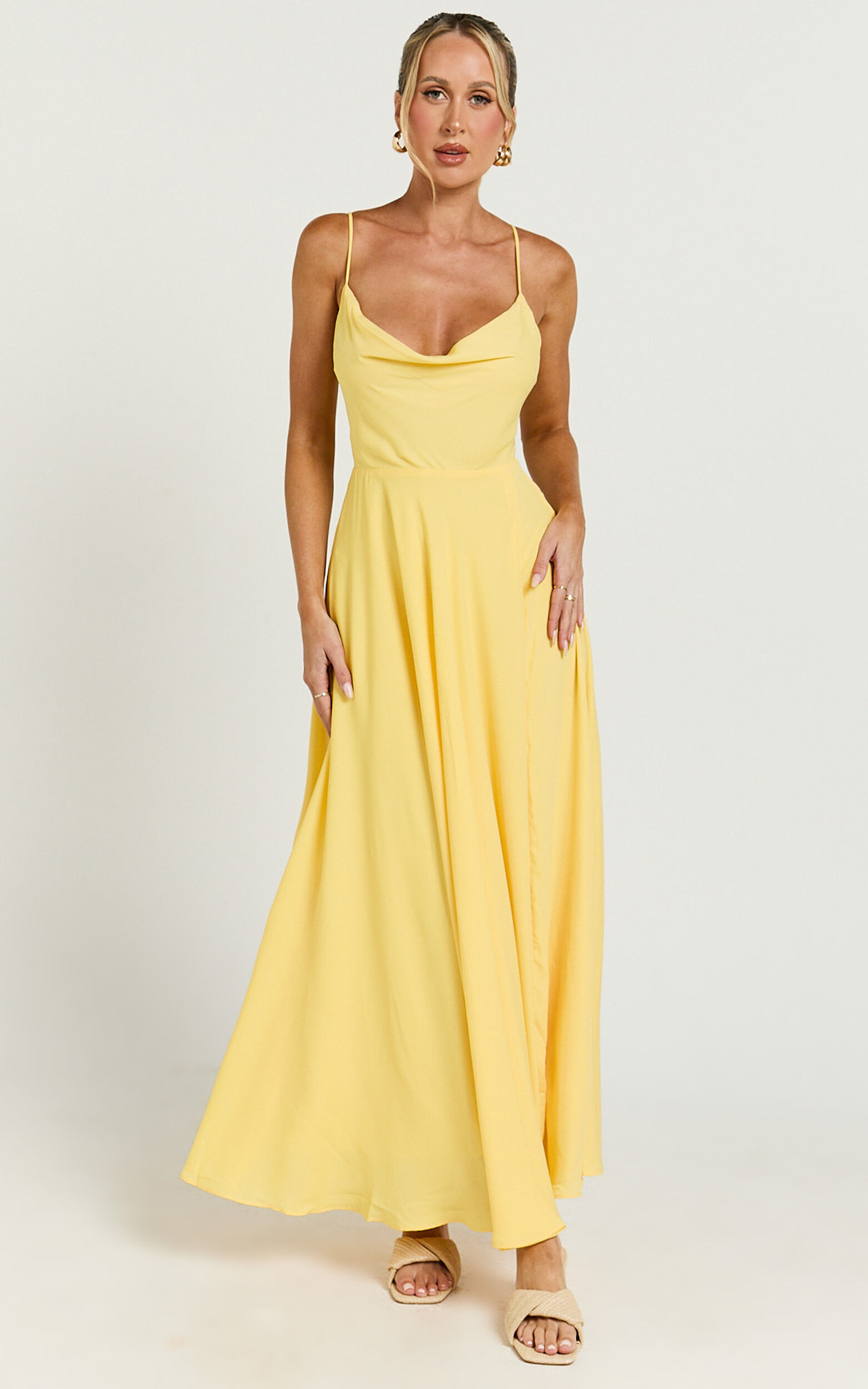 Celestine Midi Dress - Lace Up Back Cowl Neck Dress in Lemon