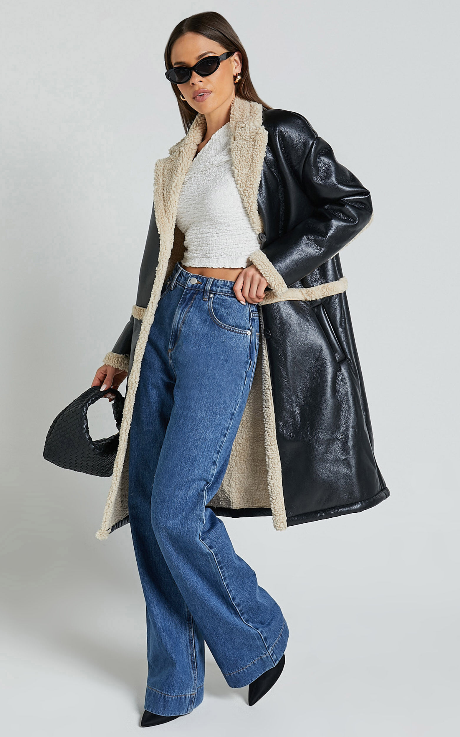 Jan Coat - Longline Faux Shearling Aviator Coat in Black