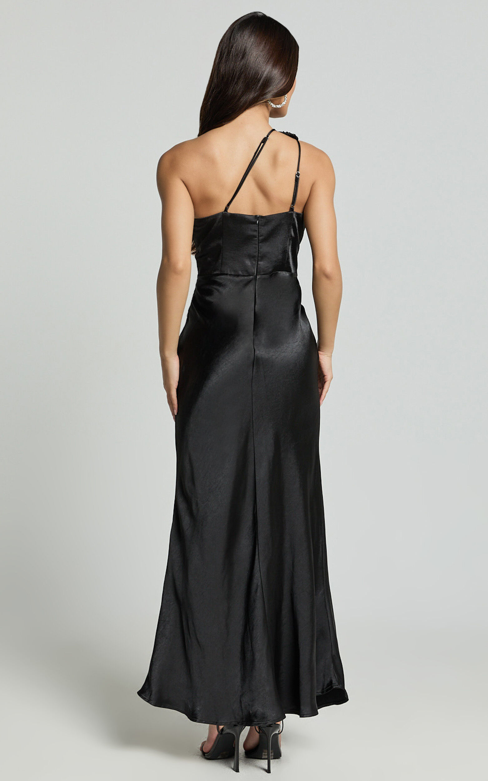 Estella Midi Dress - Asymmetrical Lace Detail Waist Slip Dress in Black