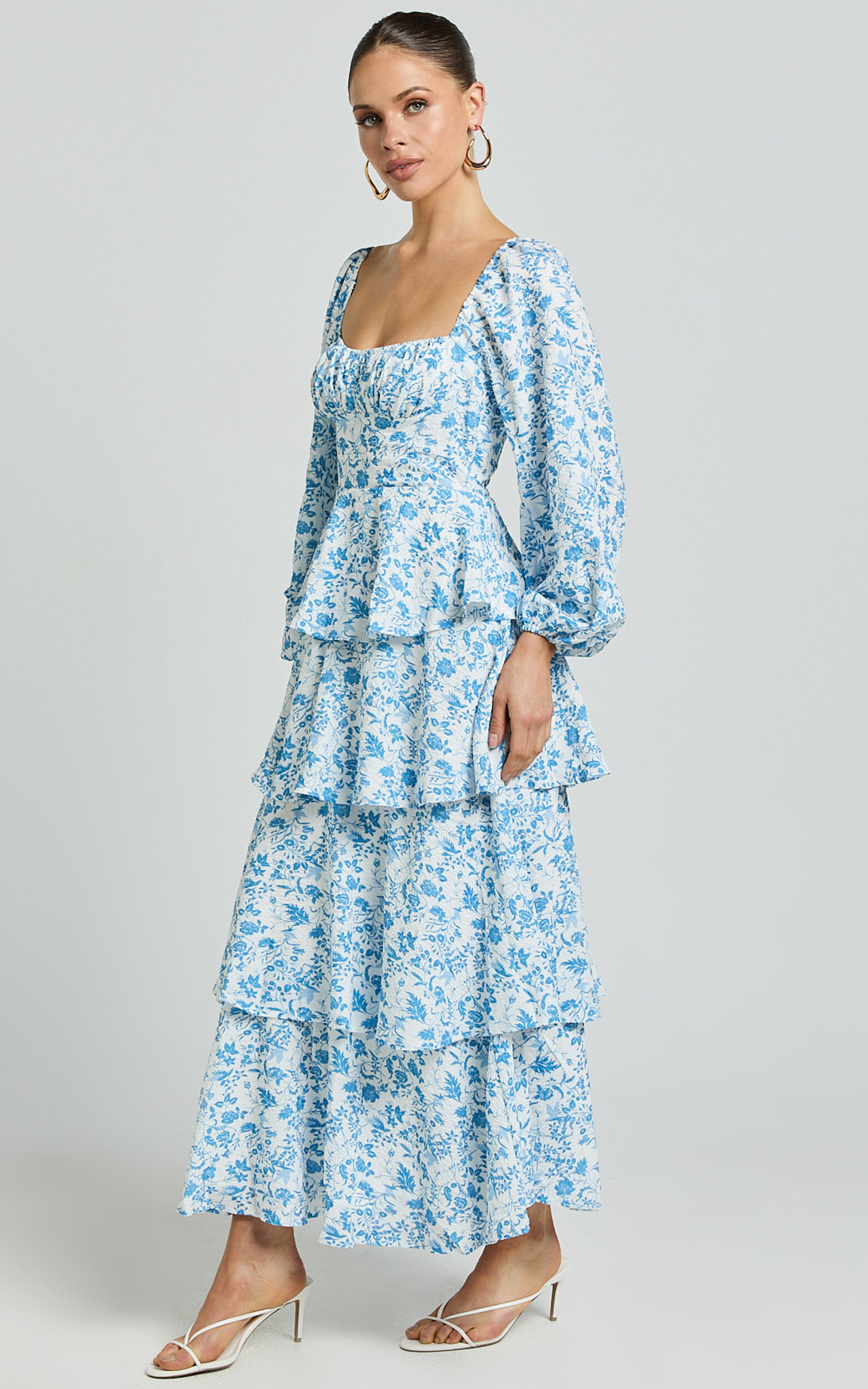 Wendy Midi Dress - Sweetheart Long Sleeve Layered Dress in Blue Floral