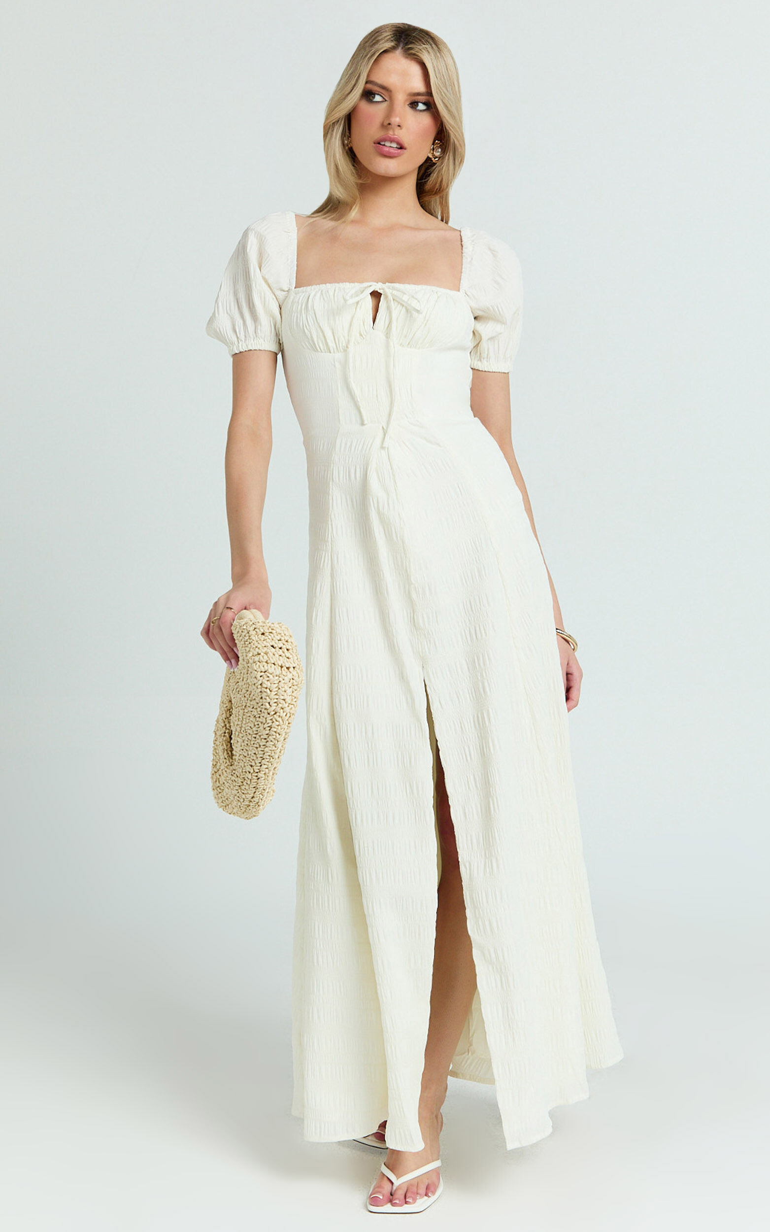 Joanne Maxi Dress - Ruched Bust Front Split Dress in Off White