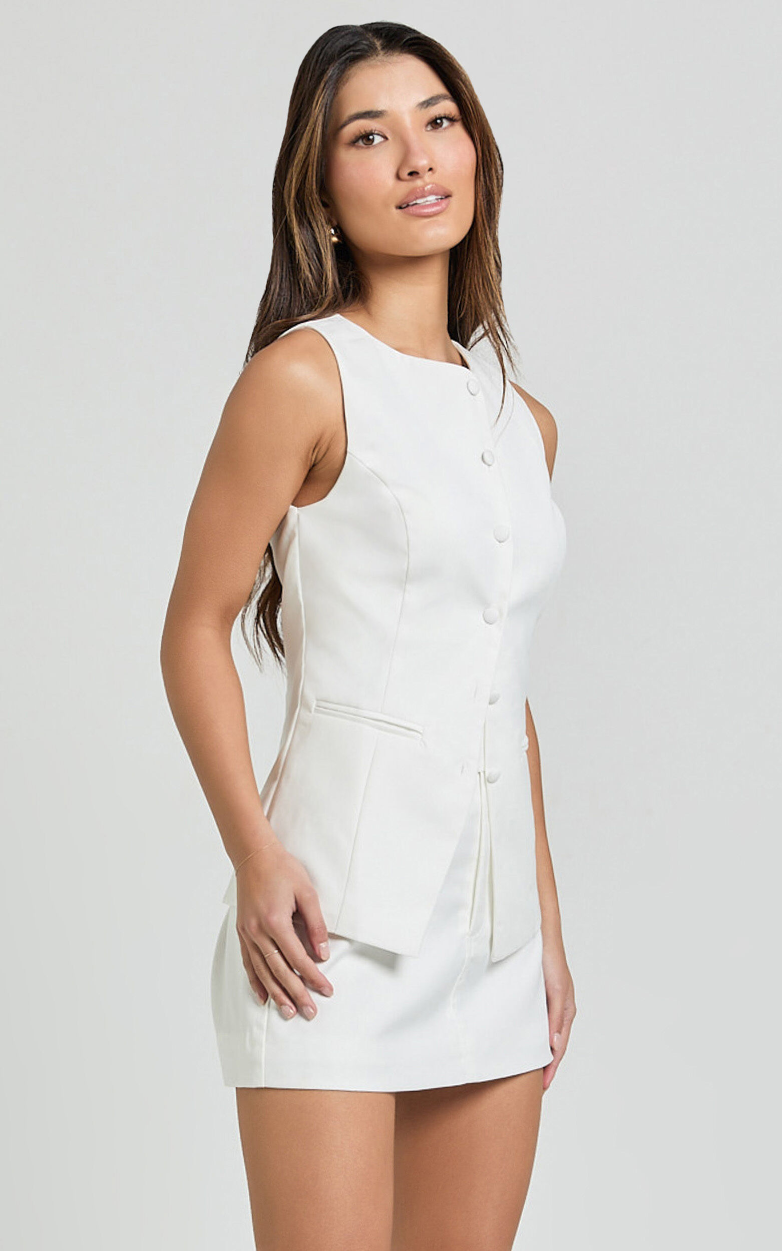 Desi Top - Longline Crew Neck Vest Top in Warm White