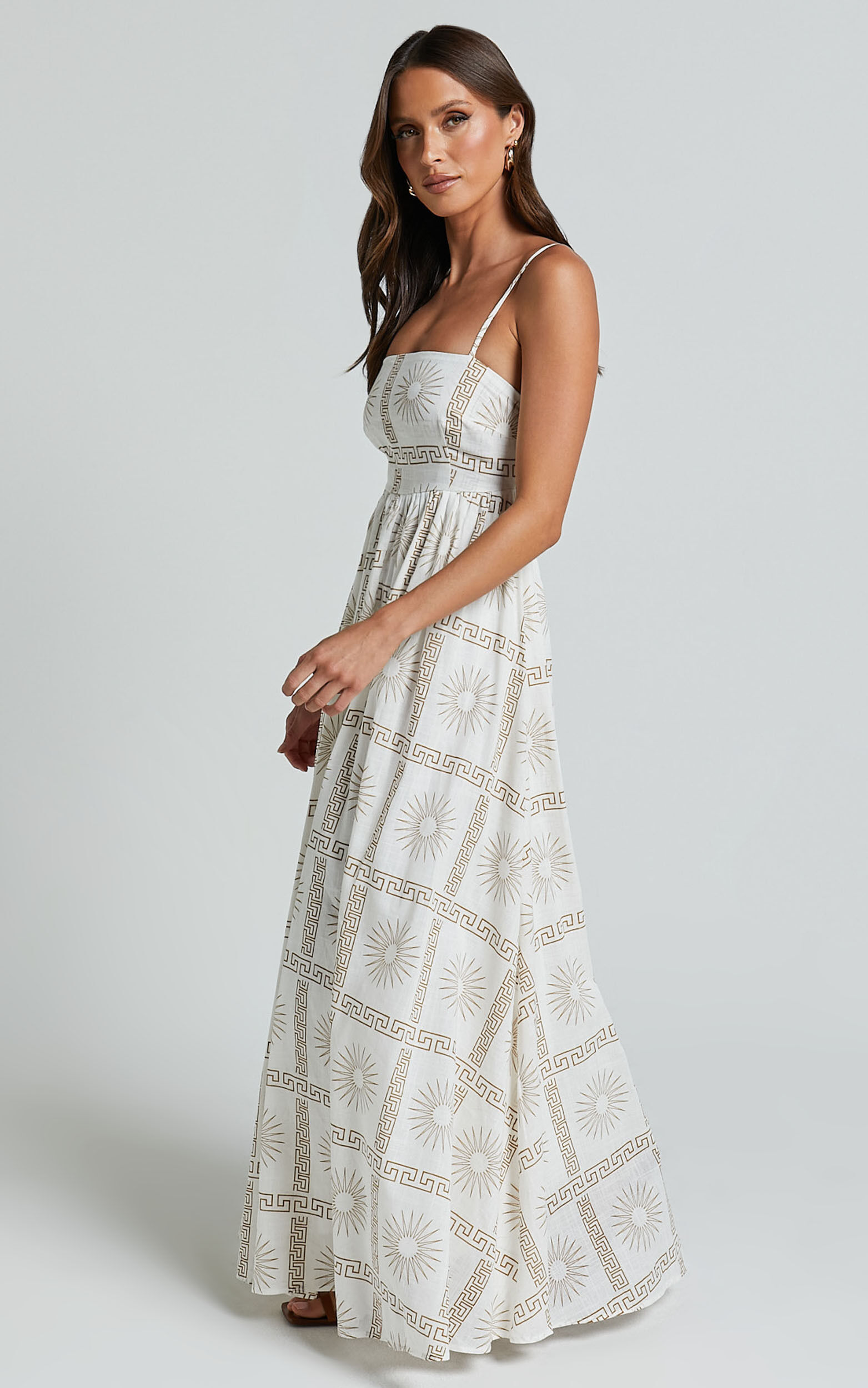 Abbey Maxi Linen Dress - Strappy Straight Neck A Line Dress in White & Brown Sun Print