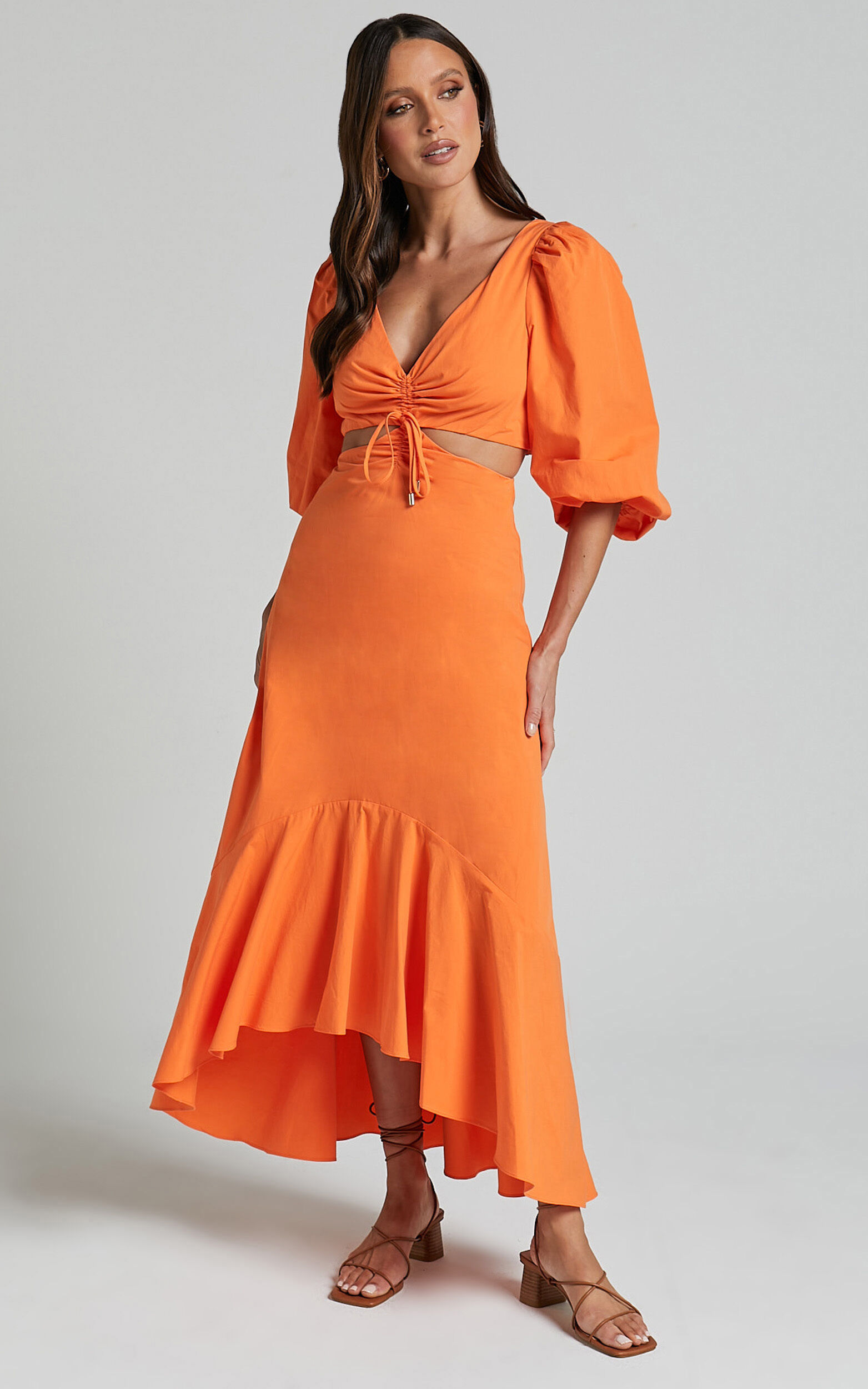 Djibouti Midi Dress - Puff Sleeve Cut Out Dress in Orange