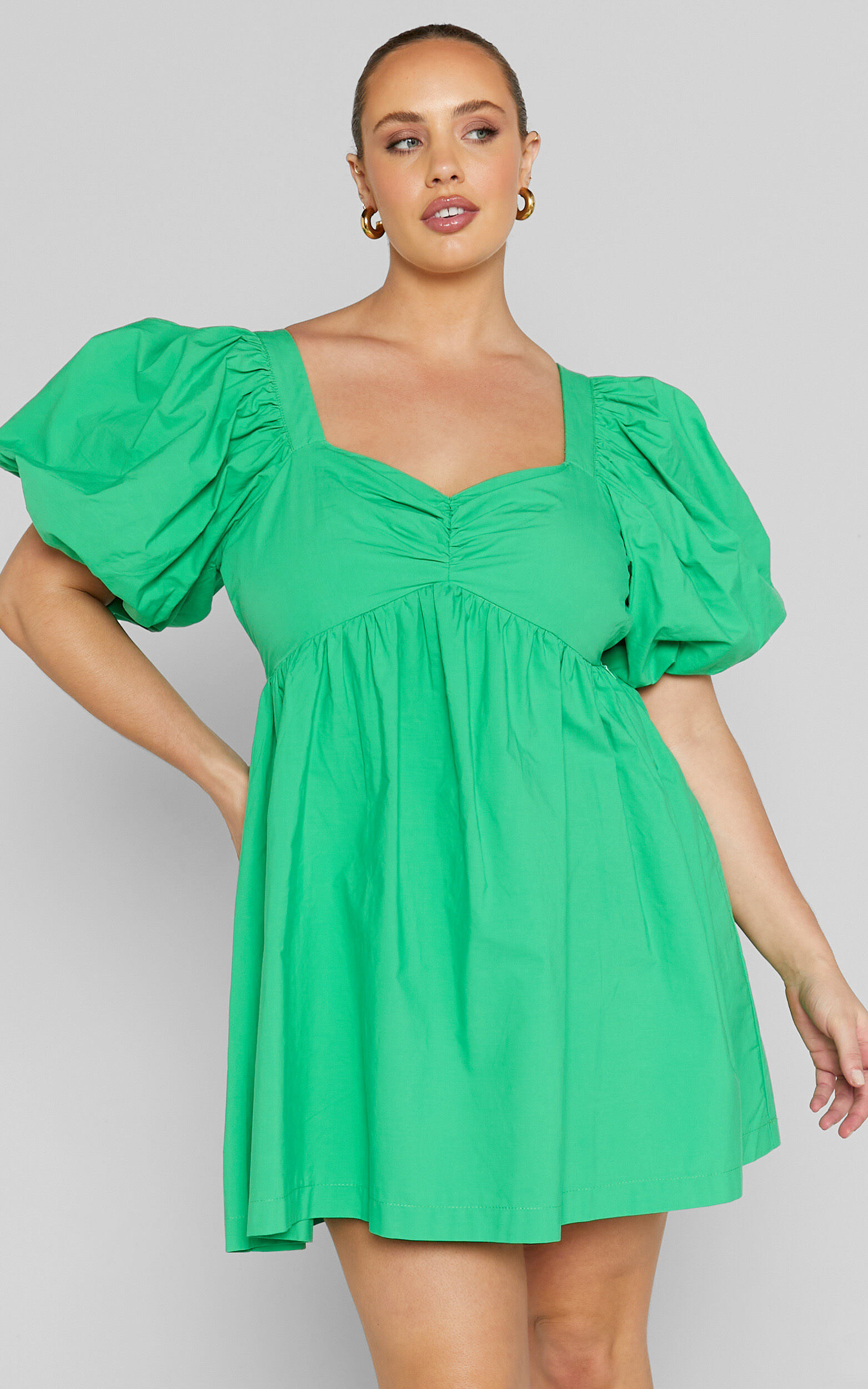 Vashti Mini Dress - Puff Sleeve Sweetheart Dress in Green