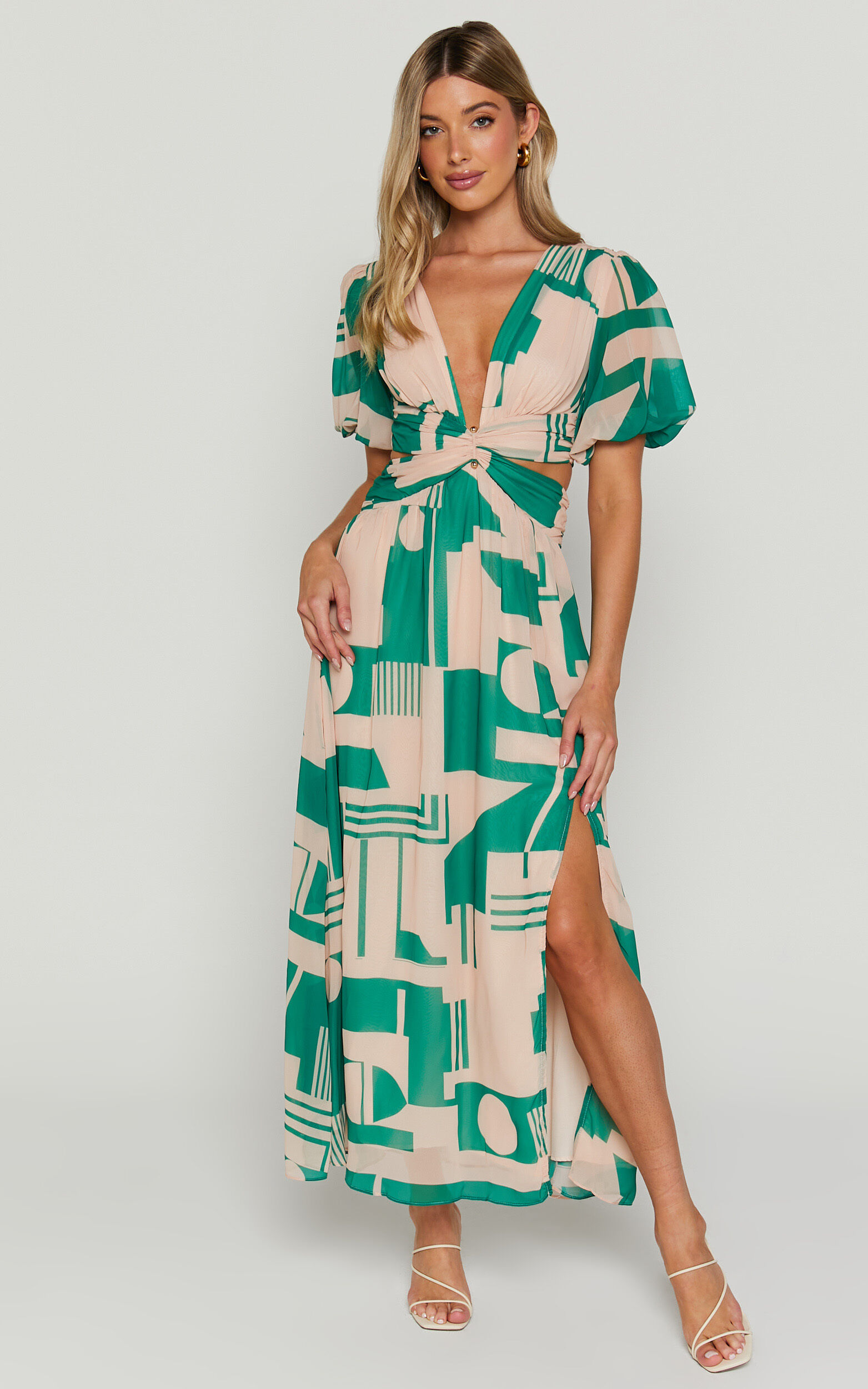 Lindey Midi Dress - Side Cut Plunge Neck Puff Sleeve Dress in Green and Cream Geo