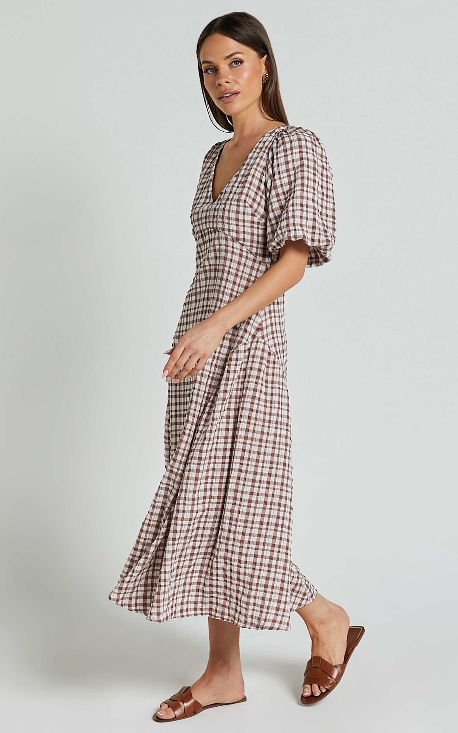 Jameela Midi Dress - V Neck Short Puff Sleeve Godet A Line Smock Dress in Chocolate Gingham