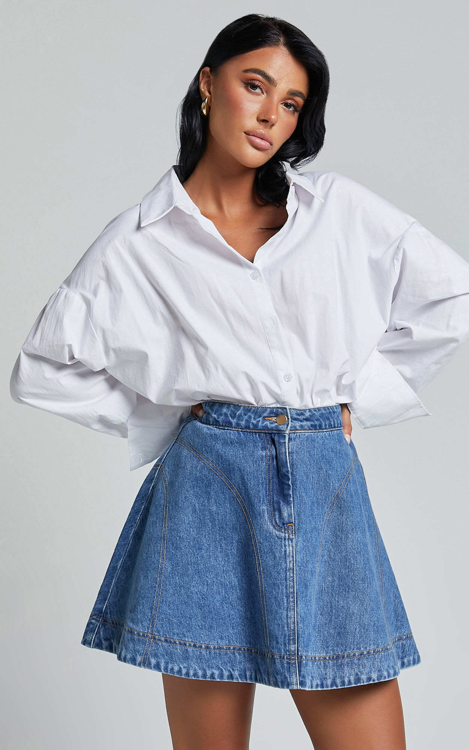 Koemi Skirt - High Waisted Denim Flare in Mid Blue Wash