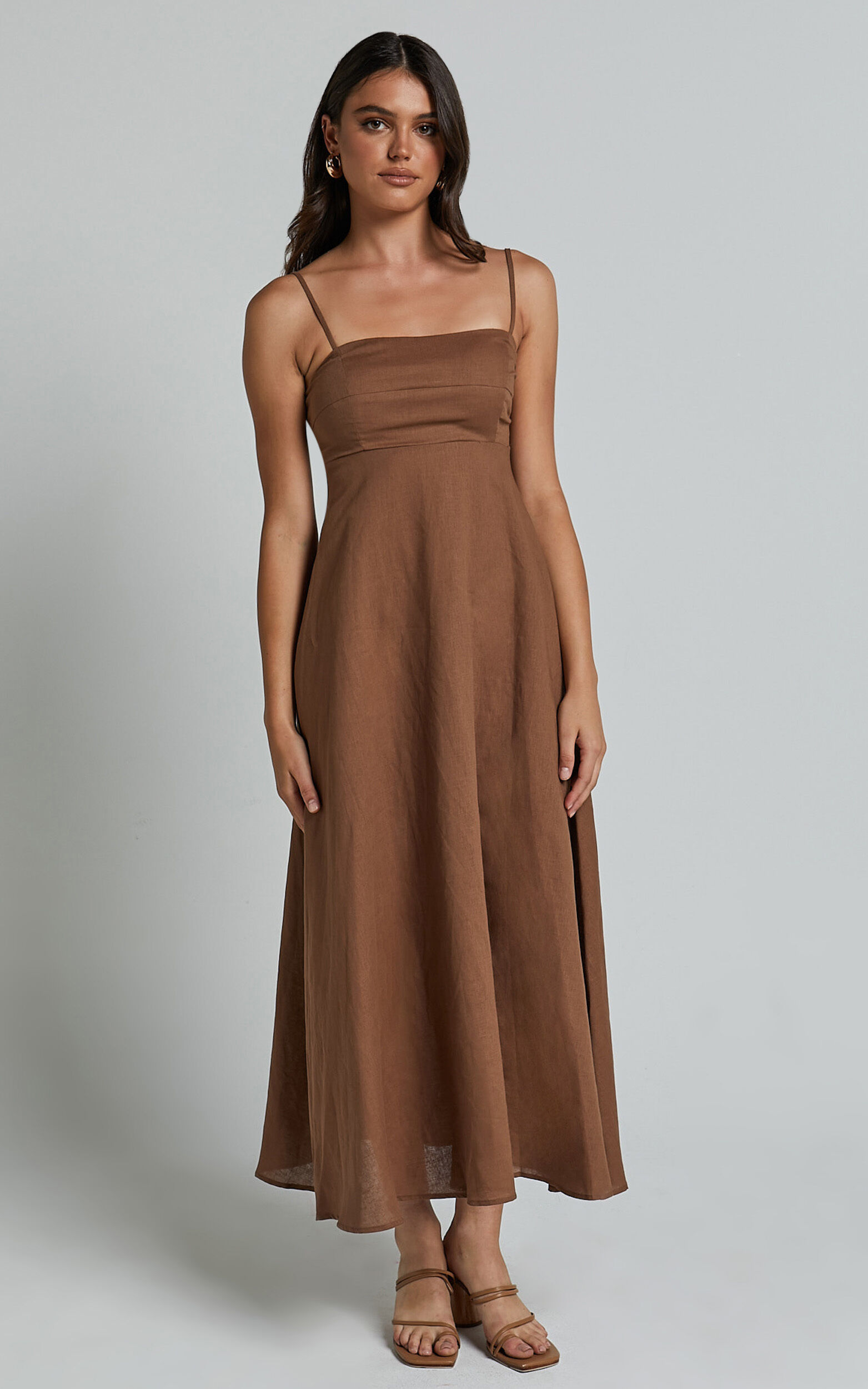 Brette Midi Dress - Linen Straight Neck Strappy Fit And Flare Dress in Tobacco