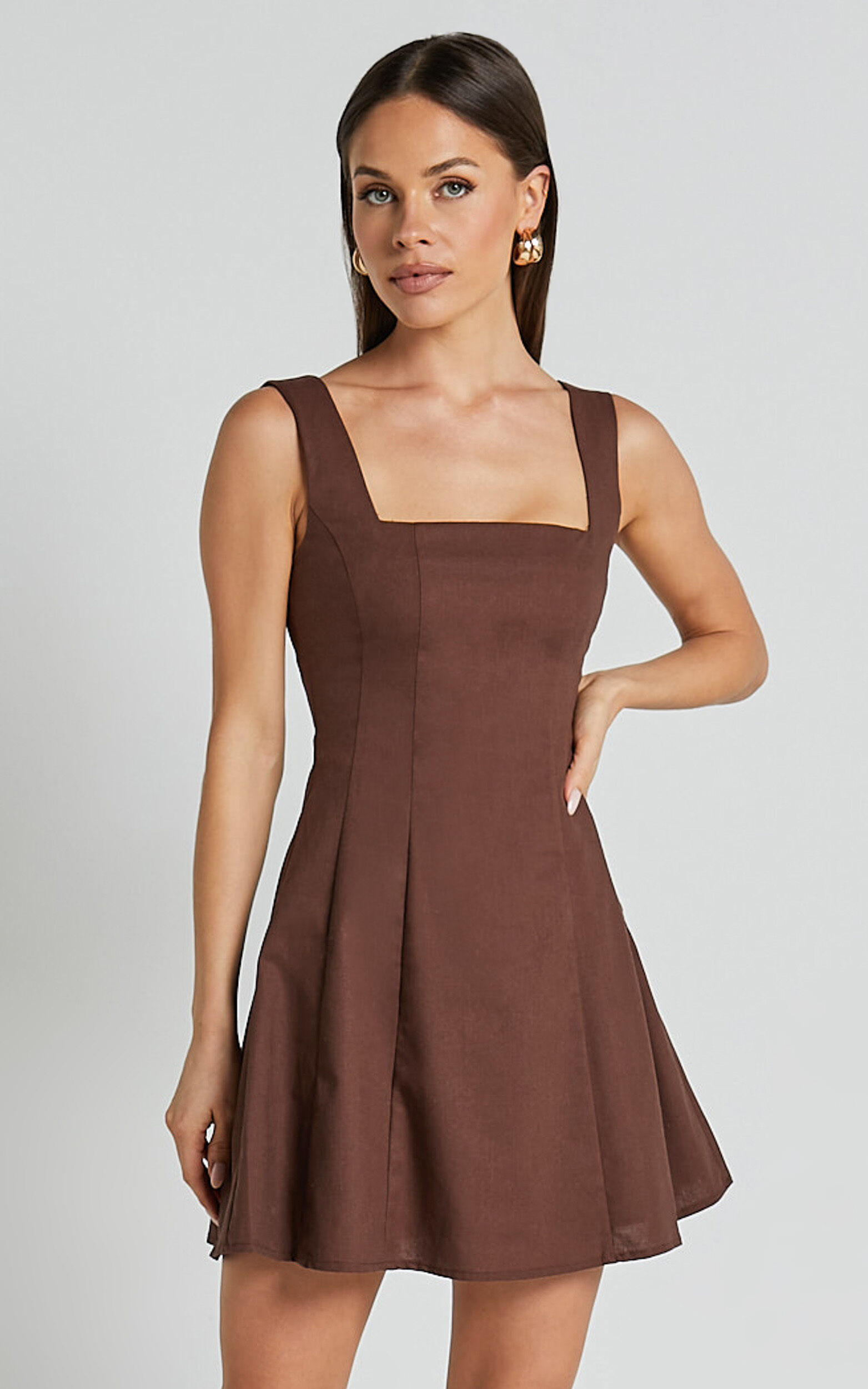 Adiana Mini Dress - Linen Square Neck Shirred Back A Line Dress in Chocolate