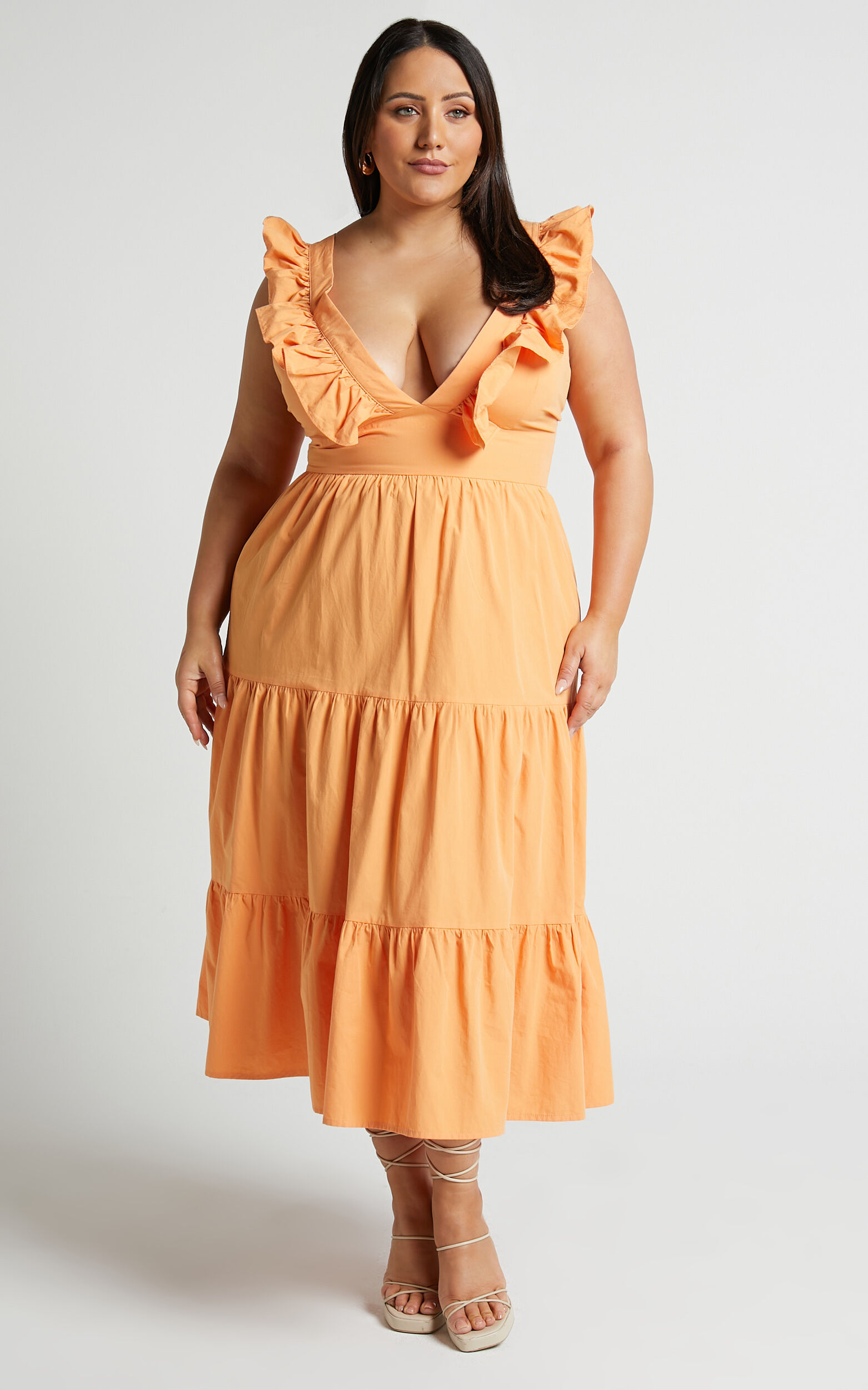 Levona Midi Dress - Ruffle Shoulder Tiered Dress in Orange