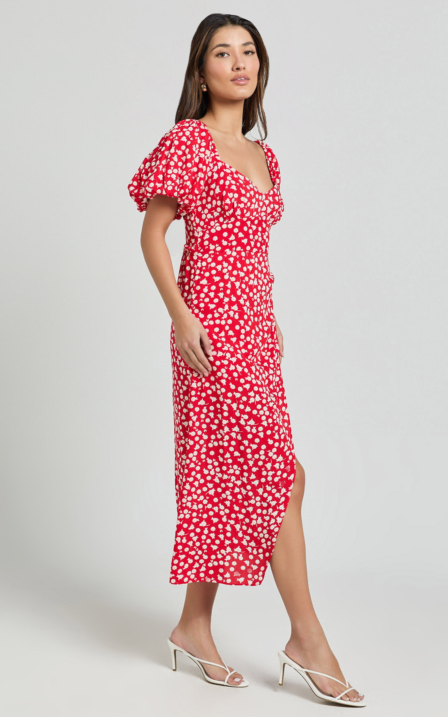 Carlyn Midi Dress - Sweetheart Puff Sleeve Wrap Dress in Red Floral