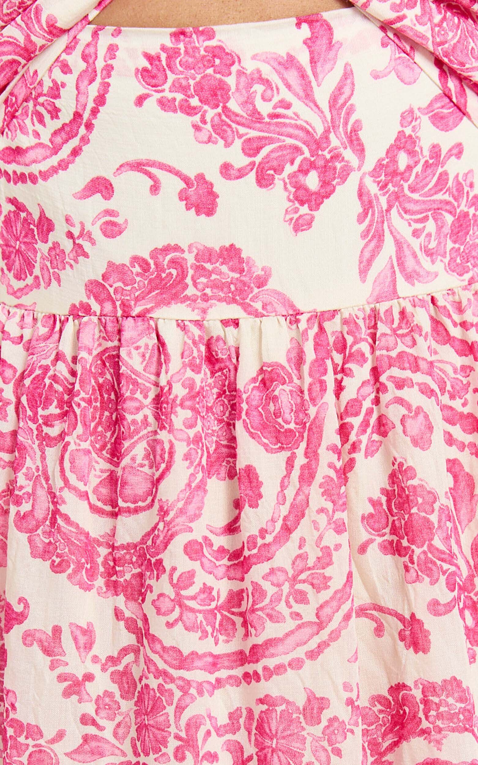 Esmeralda Midi Dress - Strappy Cut Out Tiered Dress in Pink Floral