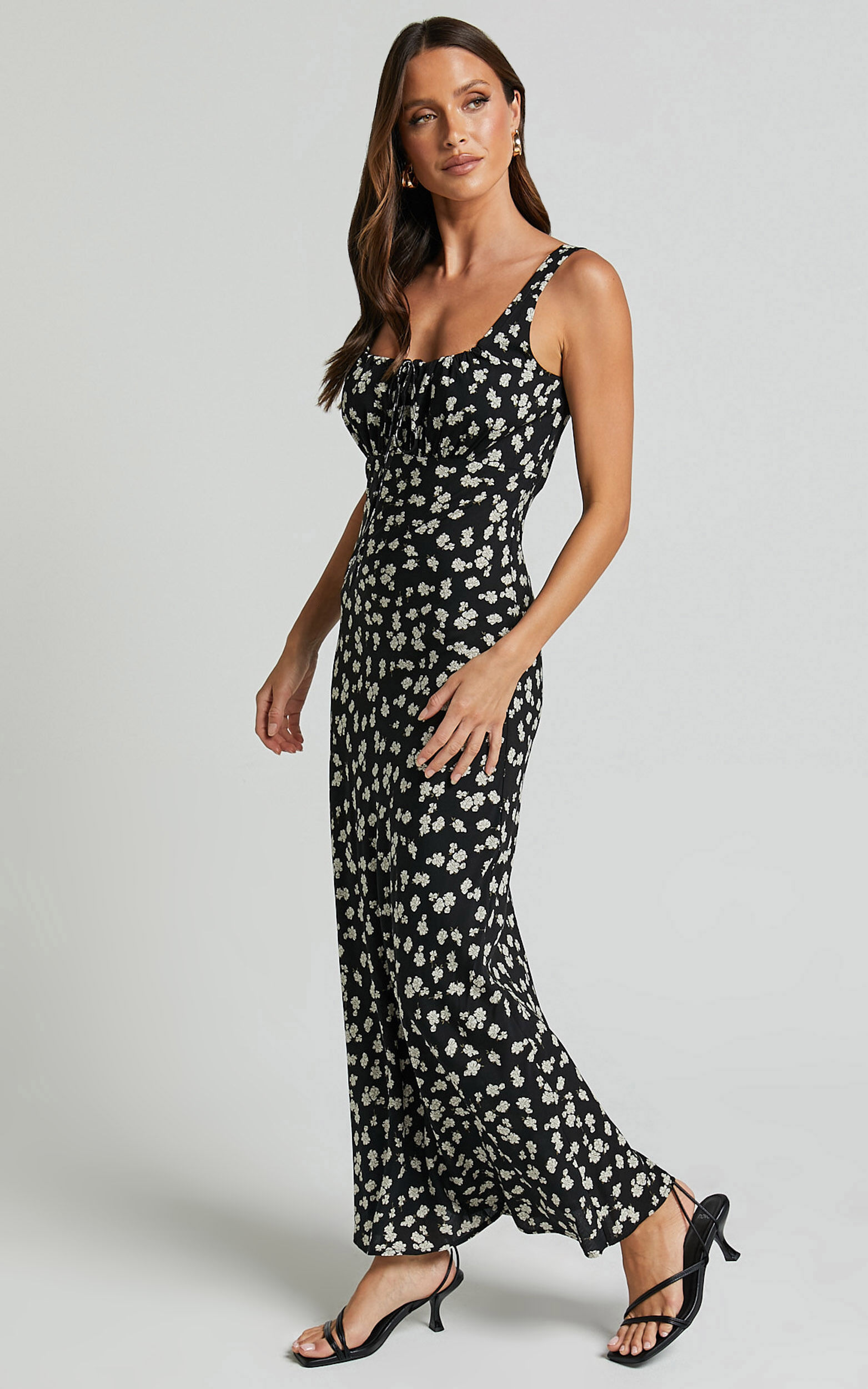 Elanora Midi Dress - Scoop Neck Keyhole Front Empire Waist Bias Cut Slip Dress in Black Wildflower