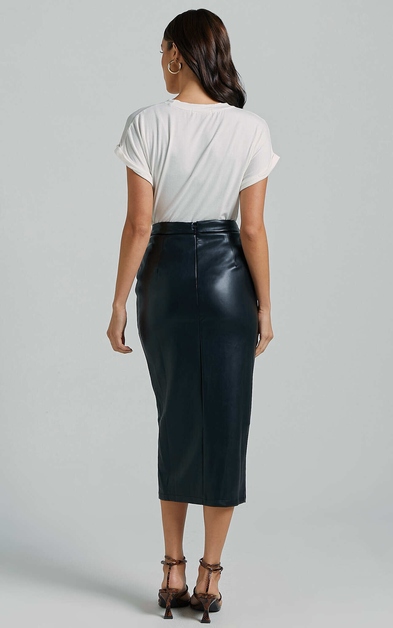 Gena Midi Skirt - Split Faux Leather Skirt in Black
