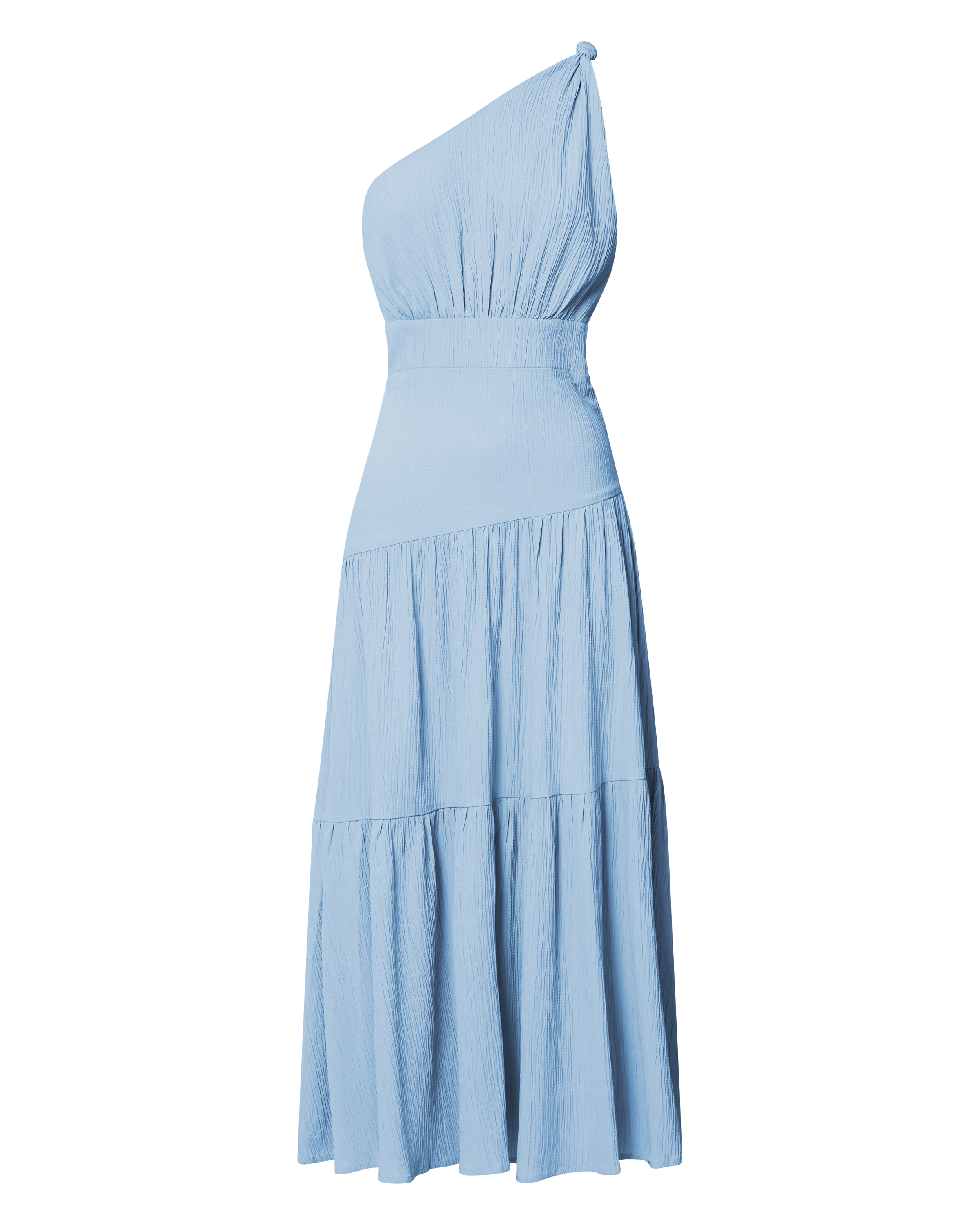 Celestia Midi Dress - Tiered One Shoulder Dress in Soft Blue