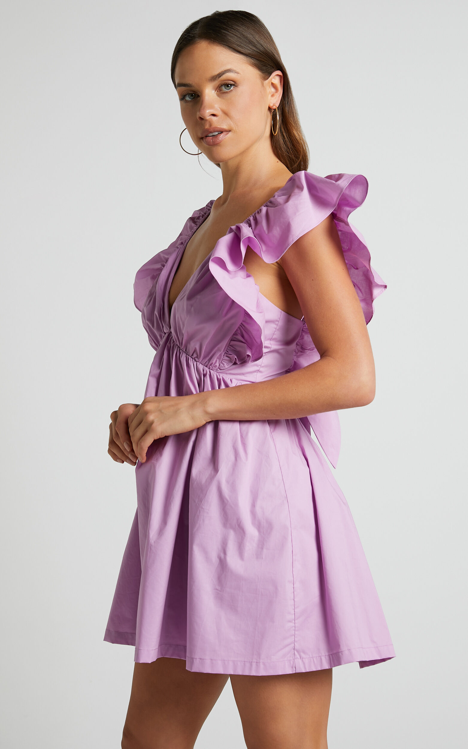 Raiza Mini Dress - Ruffle Sleeve Tie Back Plunge Dress in Lilac