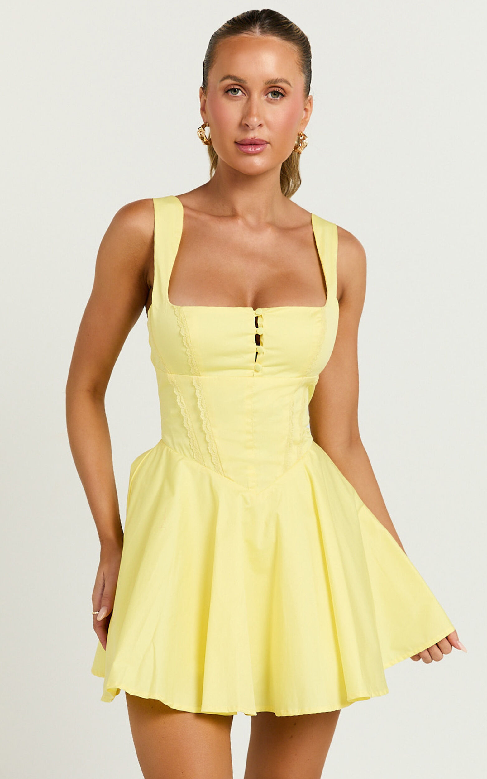 Indi Mini Dress - Square Neckline Lace Up Back Dress in Lemon