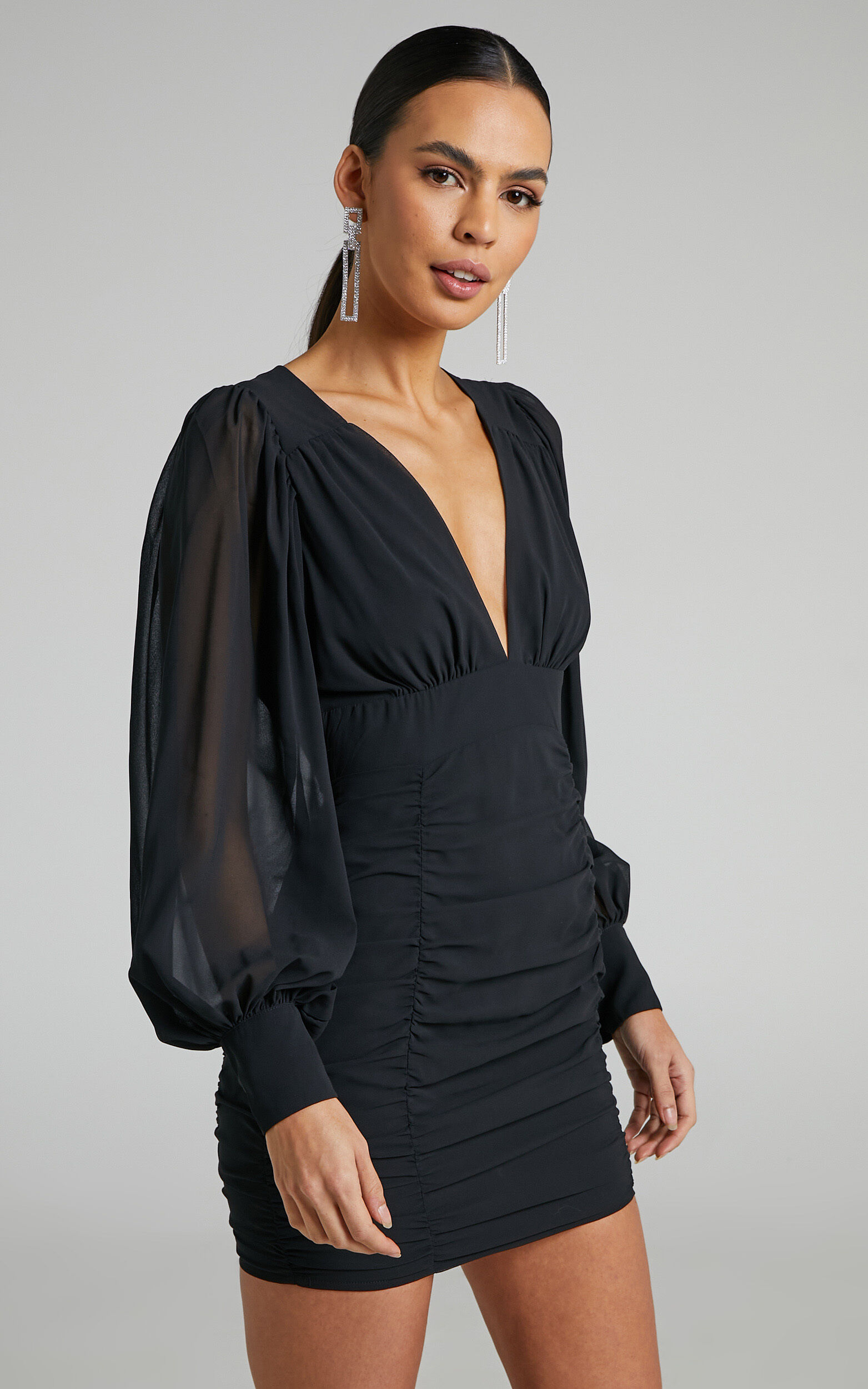 Hollis Mini Dress - Ruched Long Sleeve Plunge Neck Dress in Black