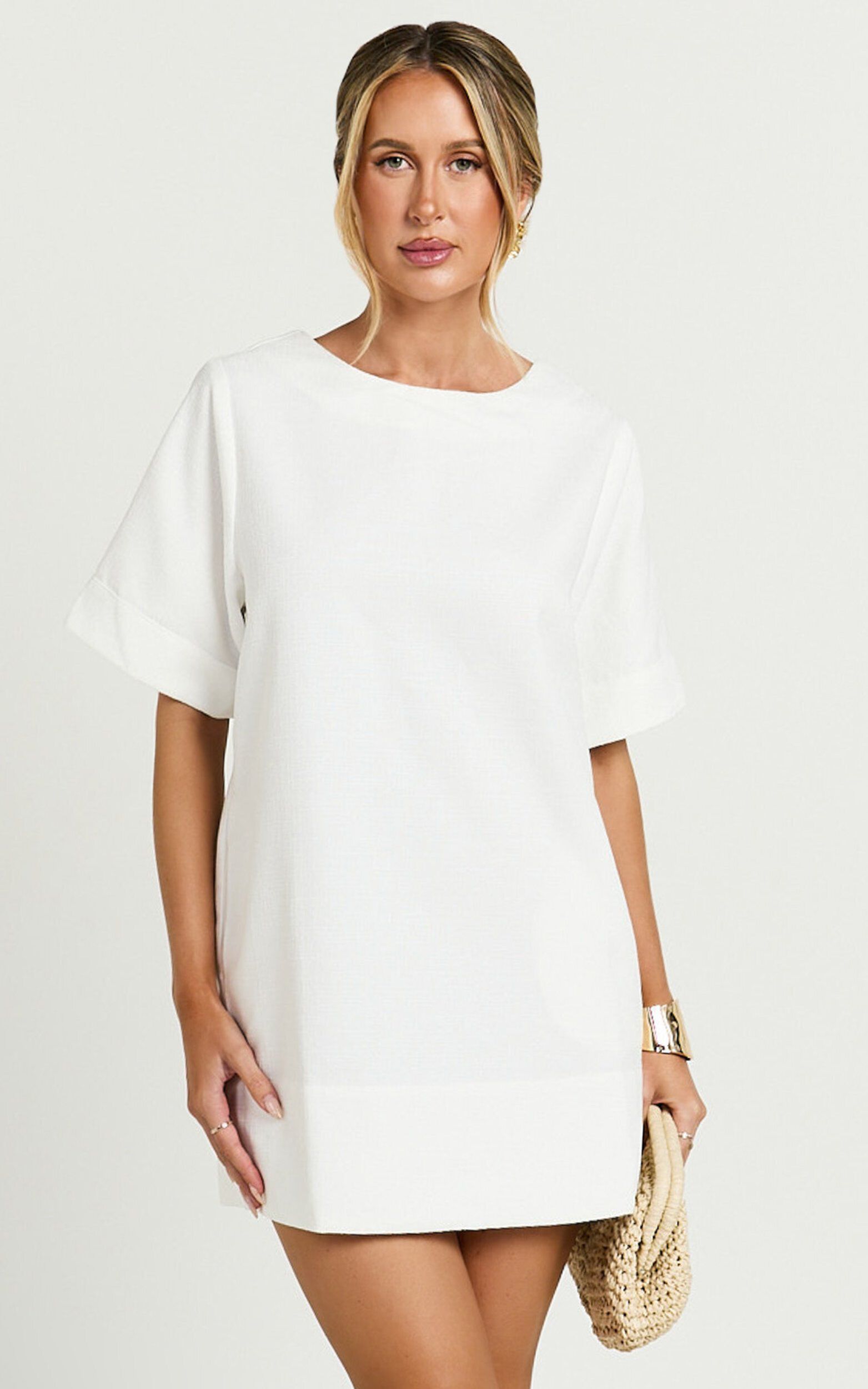 Shannon Mini Dress - Texture Tie Back Shift Dress in White