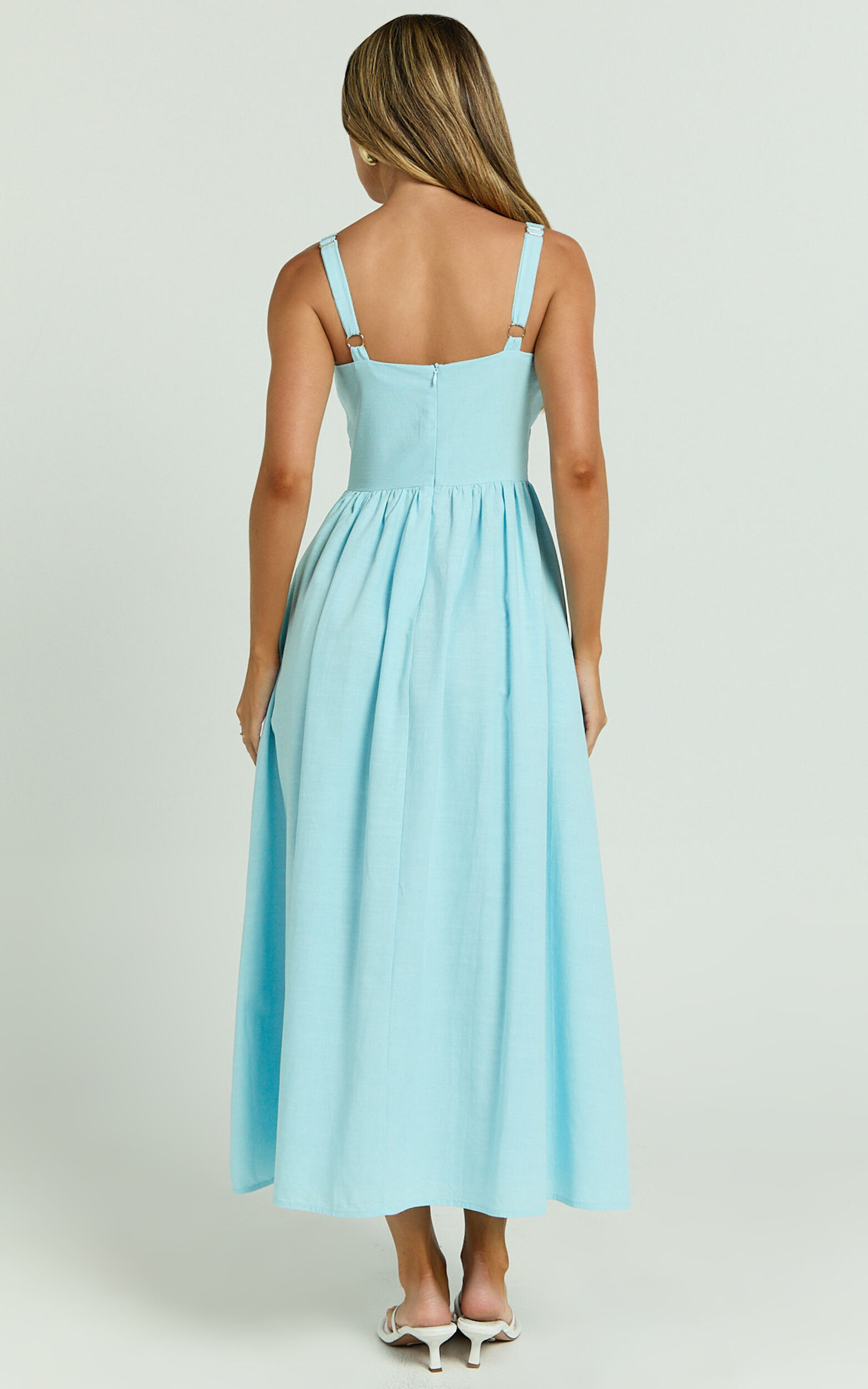 Haylee Midi Dress - Corset Waist Gathered Bust Dress in Blue