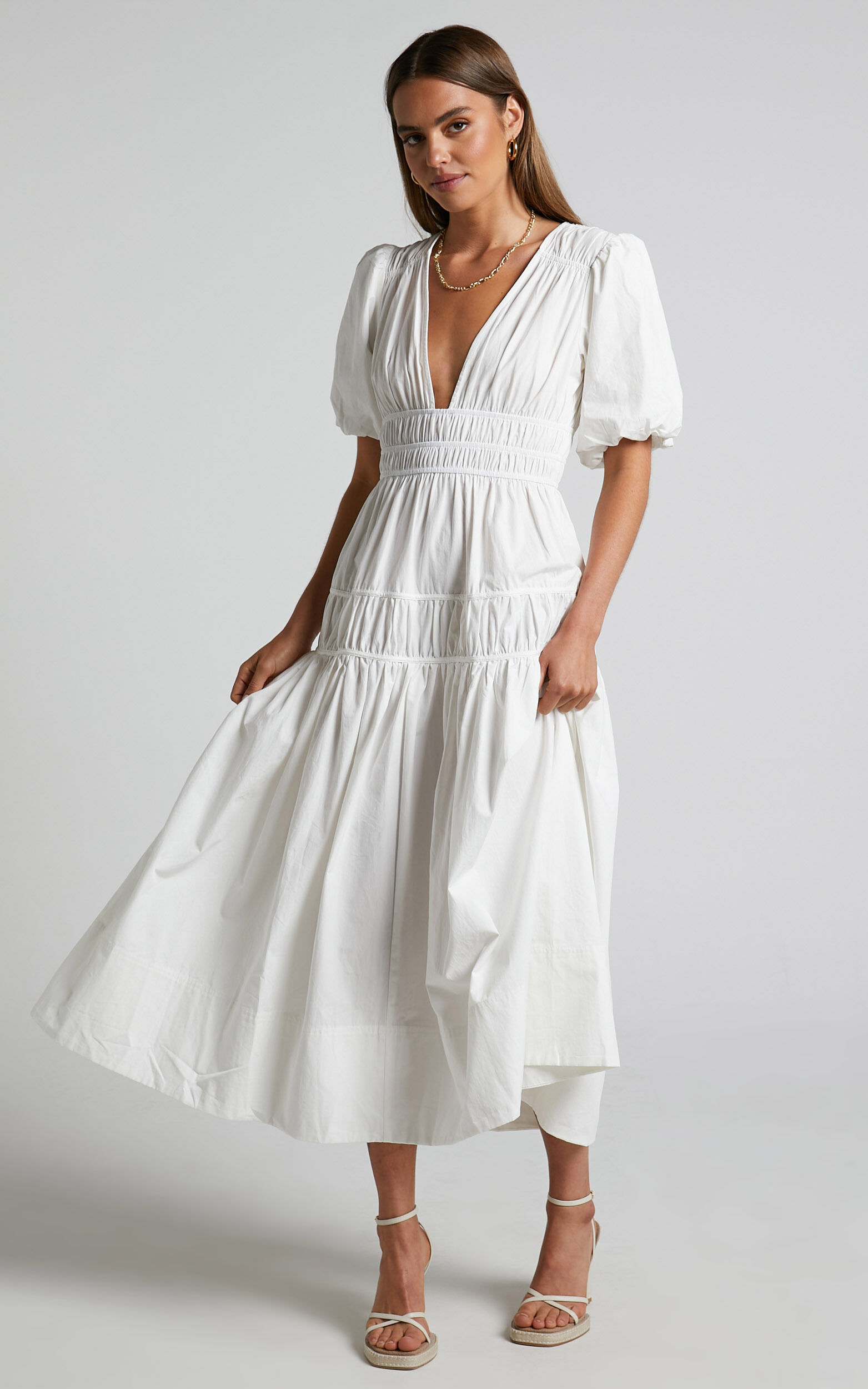 Mellie Midi Dress - Puff Sleeve Plunge Tiered Dress in White