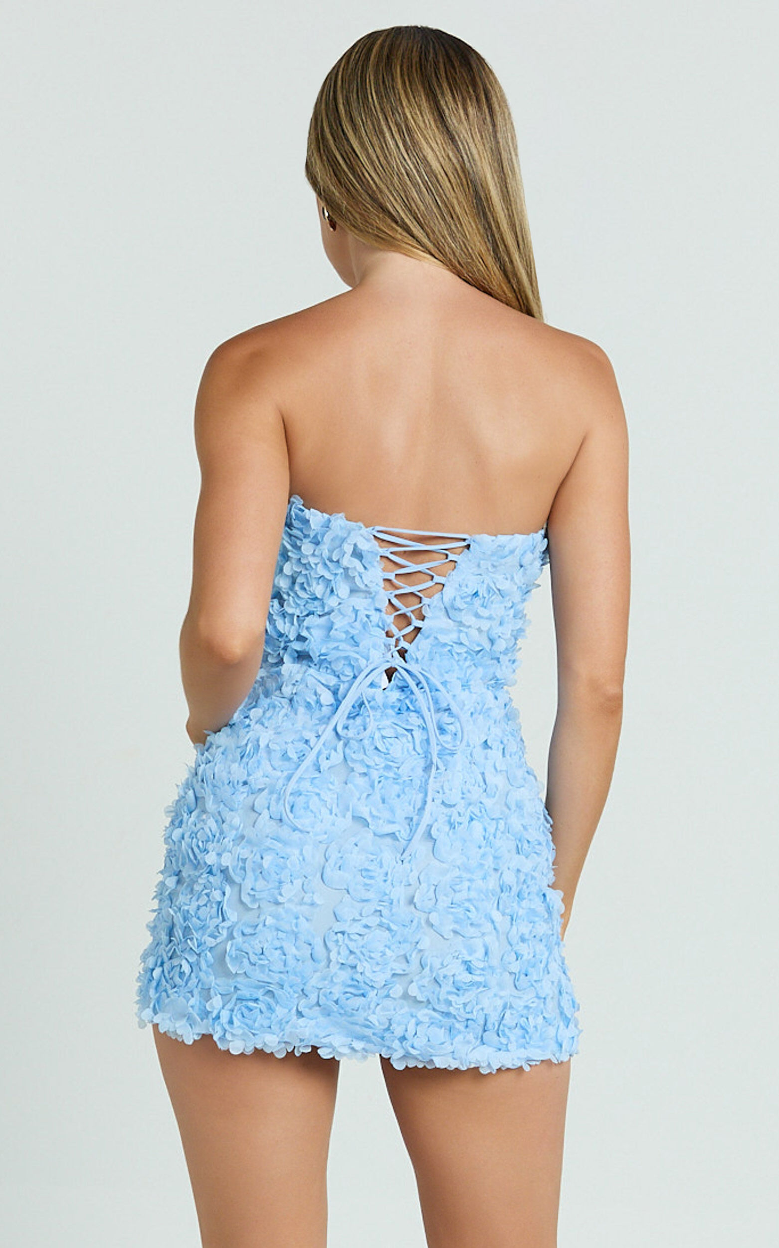 Cassia Mini Dress - Strapless 3D Floral Lace Up Back Dress in Pale Blue