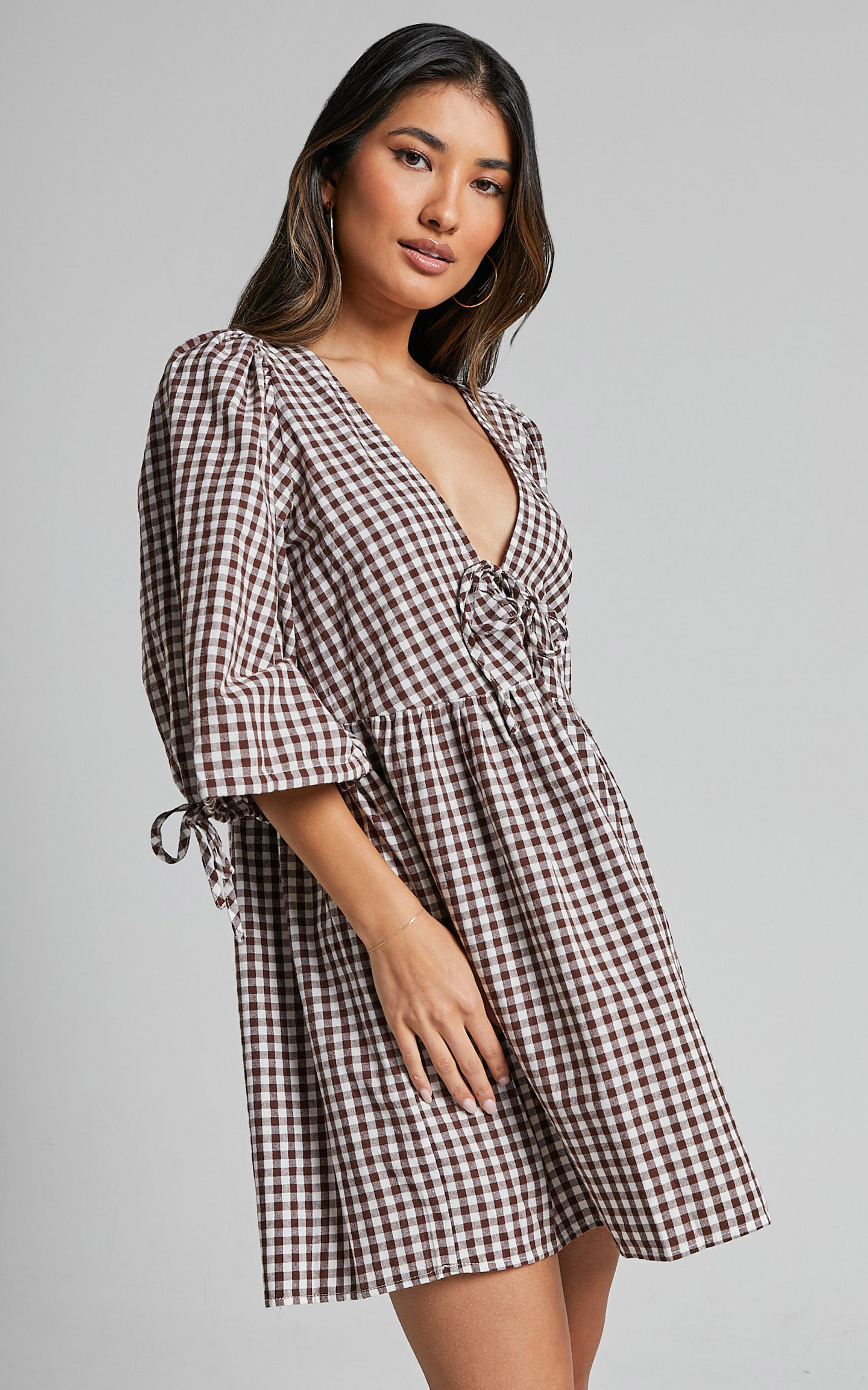 Rosita Mini Dress - Tie Front Puff Sleeve Dress in Brown and White Check