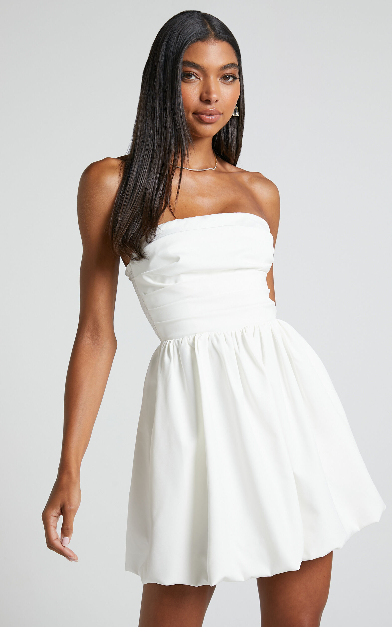 Shaima Mini Dress - Strapless Bubble Hem Dress in White
