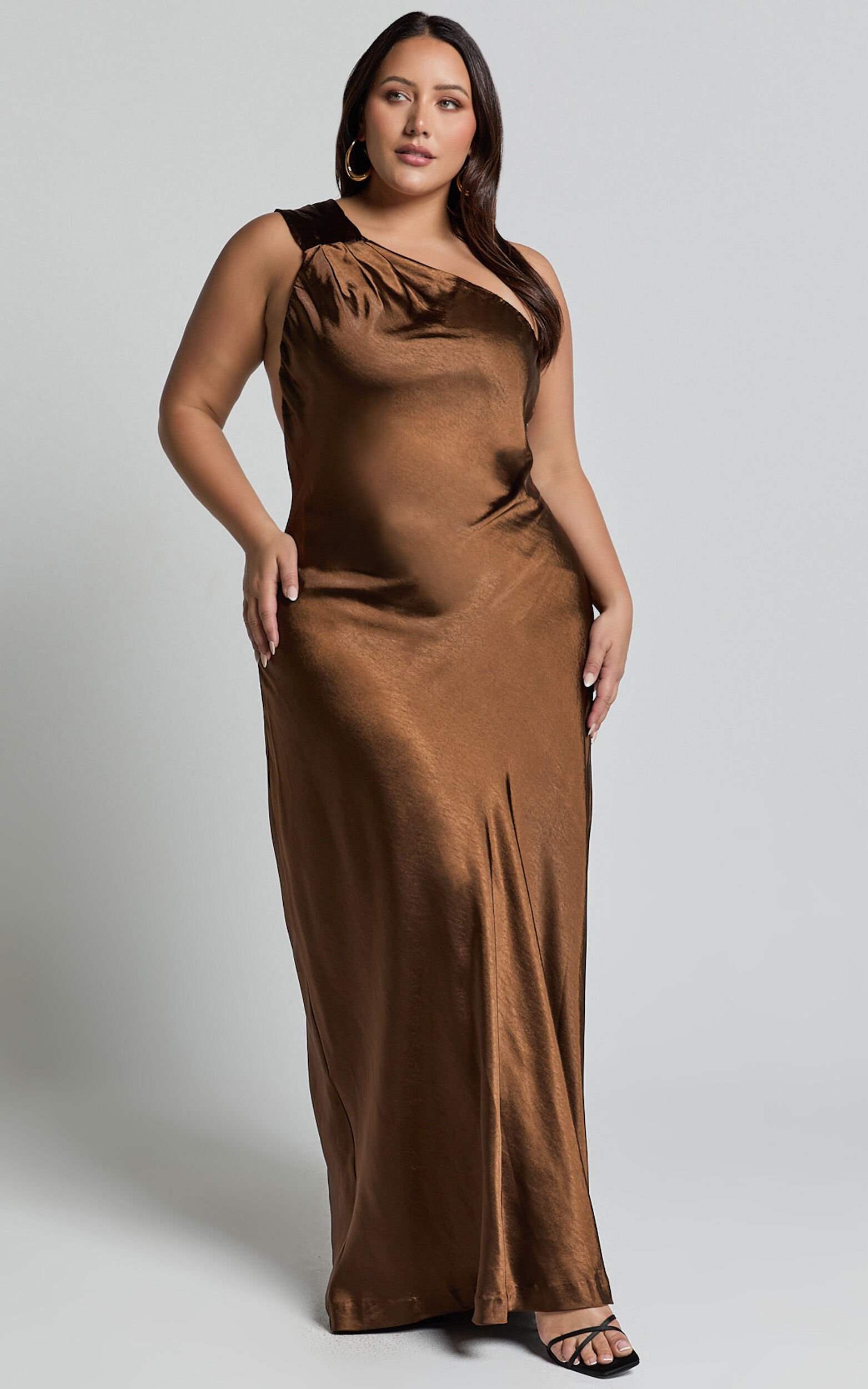 Ryan Maxi Dress - Tie Neck One Shoulder Dress in Chocolate