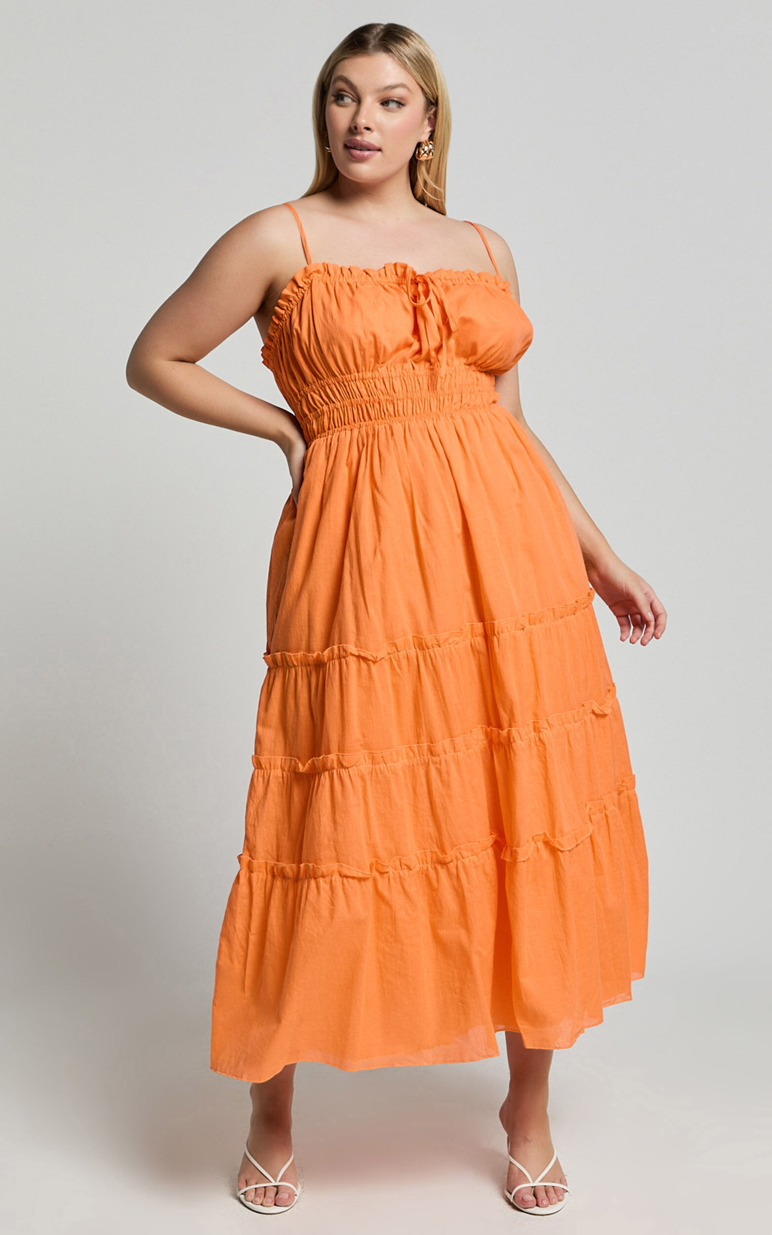 Schiffer Midi Dress - Strappy Ruched Tie Front Tiered Dress in Mandarin