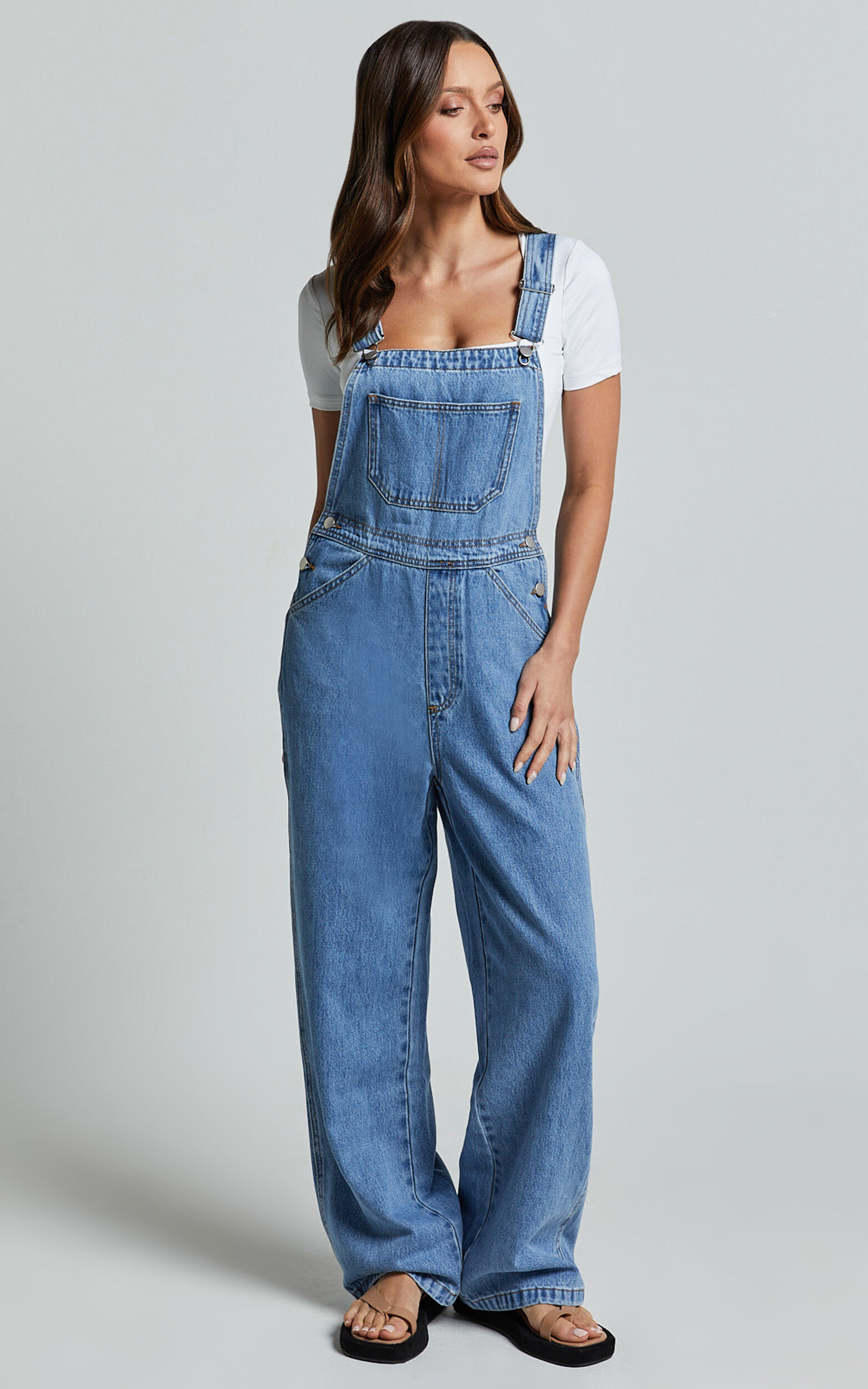 Brixton Jumpsuit - Straight Leg Denim Overalls in Mid Blue Wash