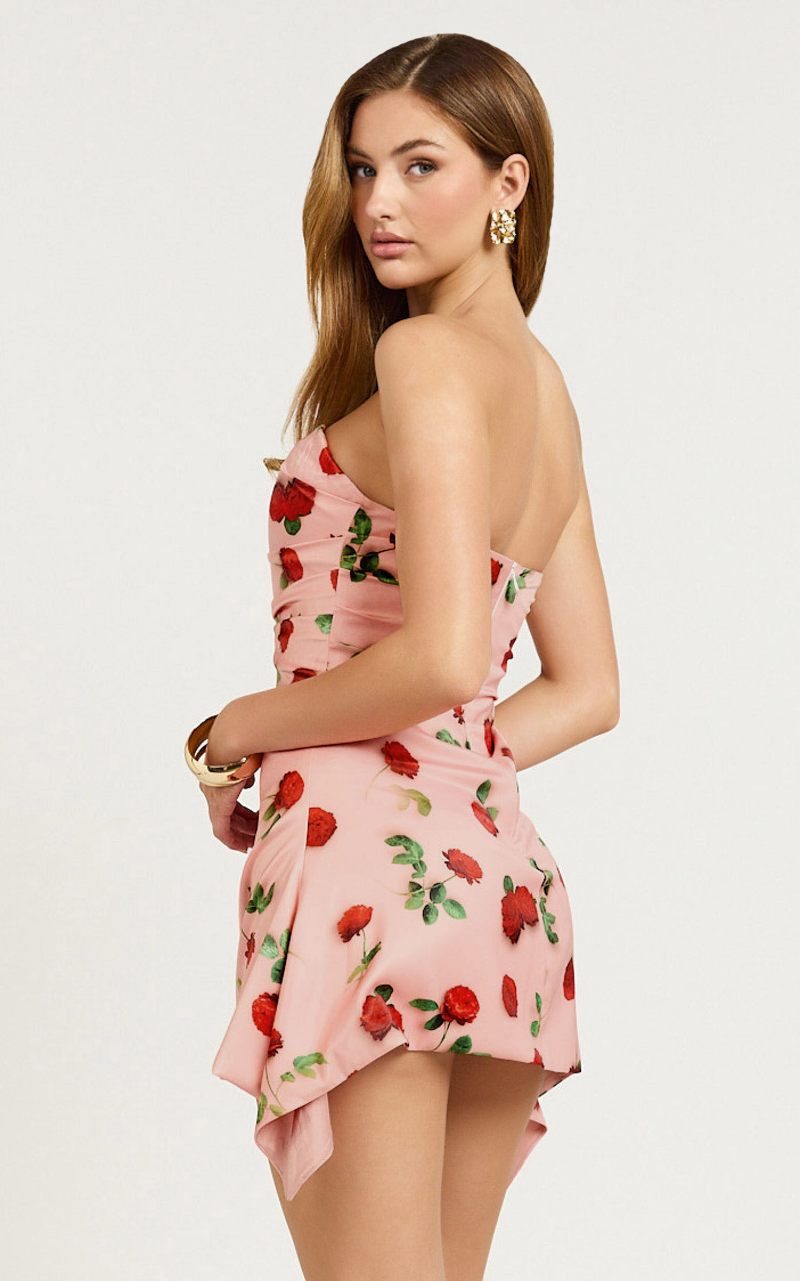 Peggy Mini Dress - Strapless Ruched Side Dress in Summer Rose Print