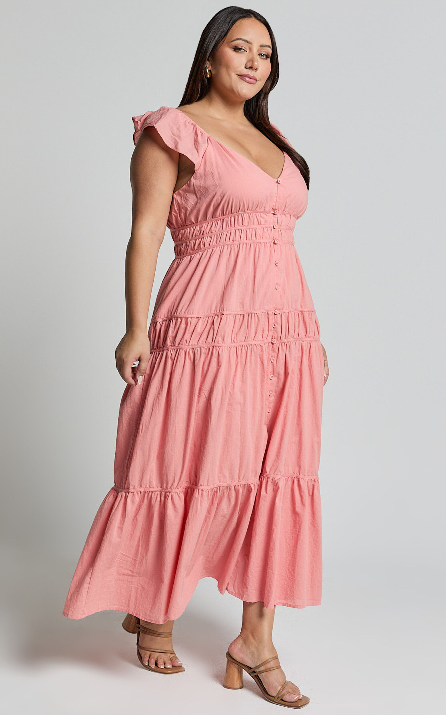 Addi Midi Dress - Button Front Plunge Neck Short Flutter Sleeve Tiered in Peach Fuzz