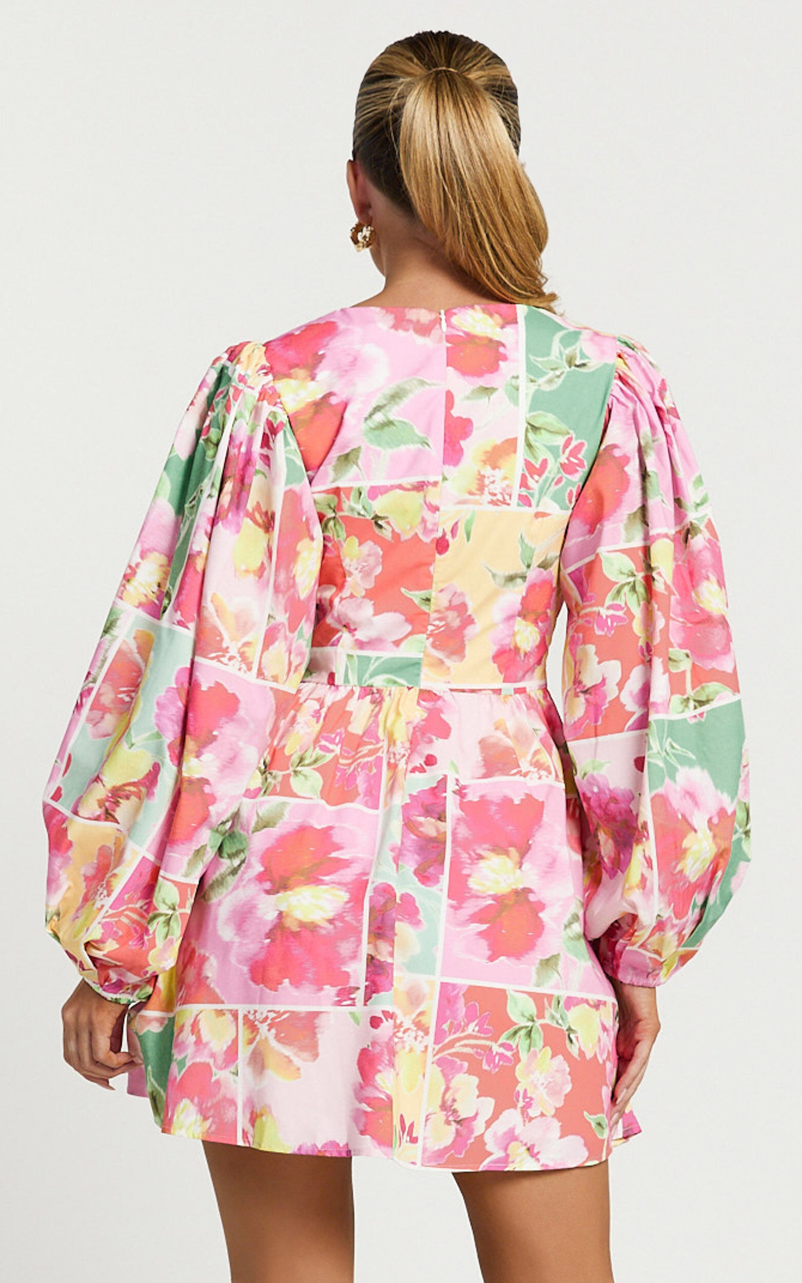 Emily Mini Dress - V Neck Long Sleeve Cut Out Dress in Blurred Patchwork Floral